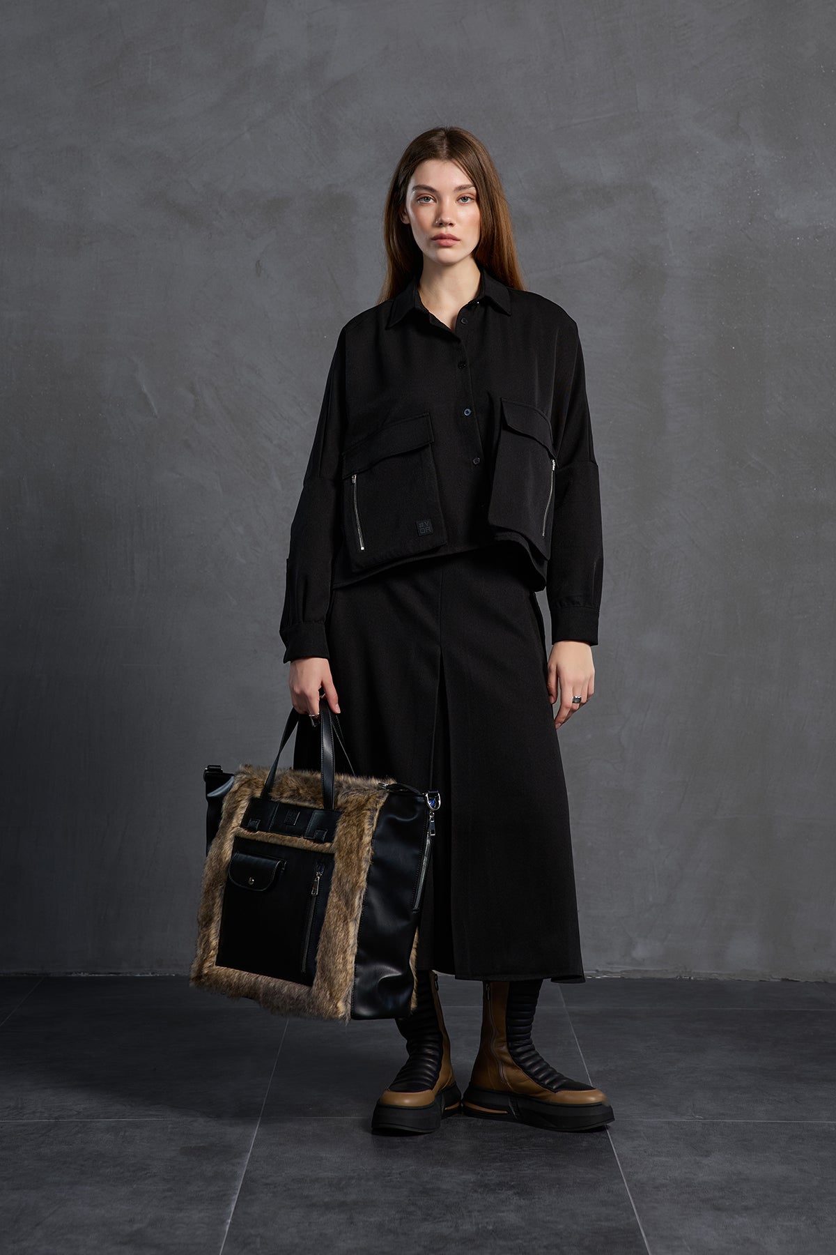 Black Brown Leather And Faux Fur Bag Lupa