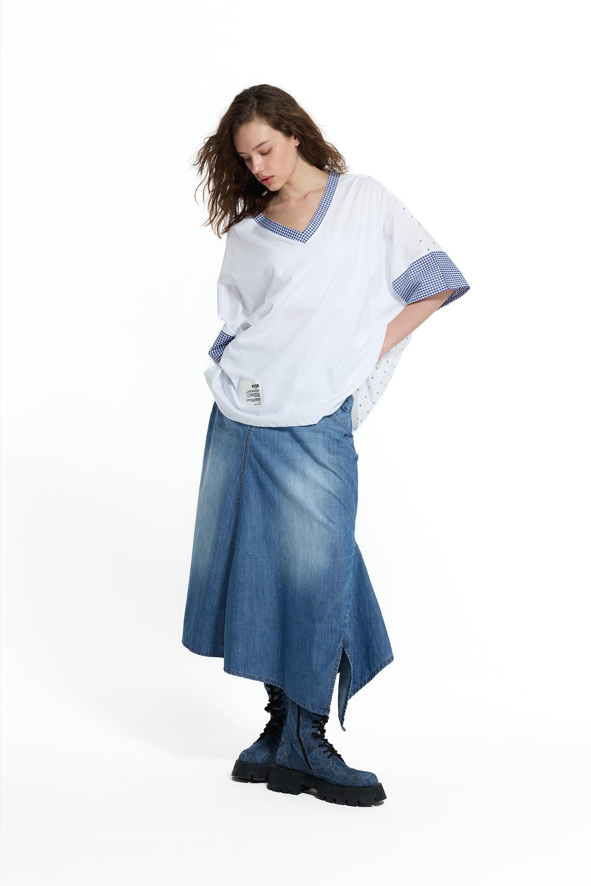 White Blue V Neck Vdr Print Oversize T-shirt 19016