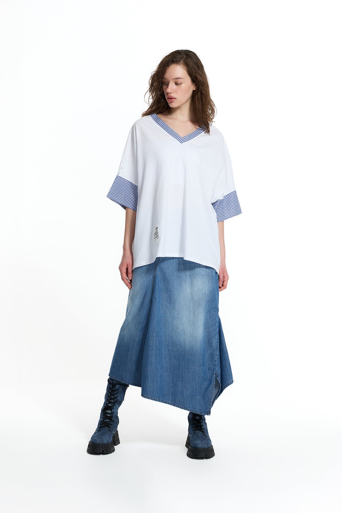 White Blue V Neck Vdr Print Oversize T-shirt 19016