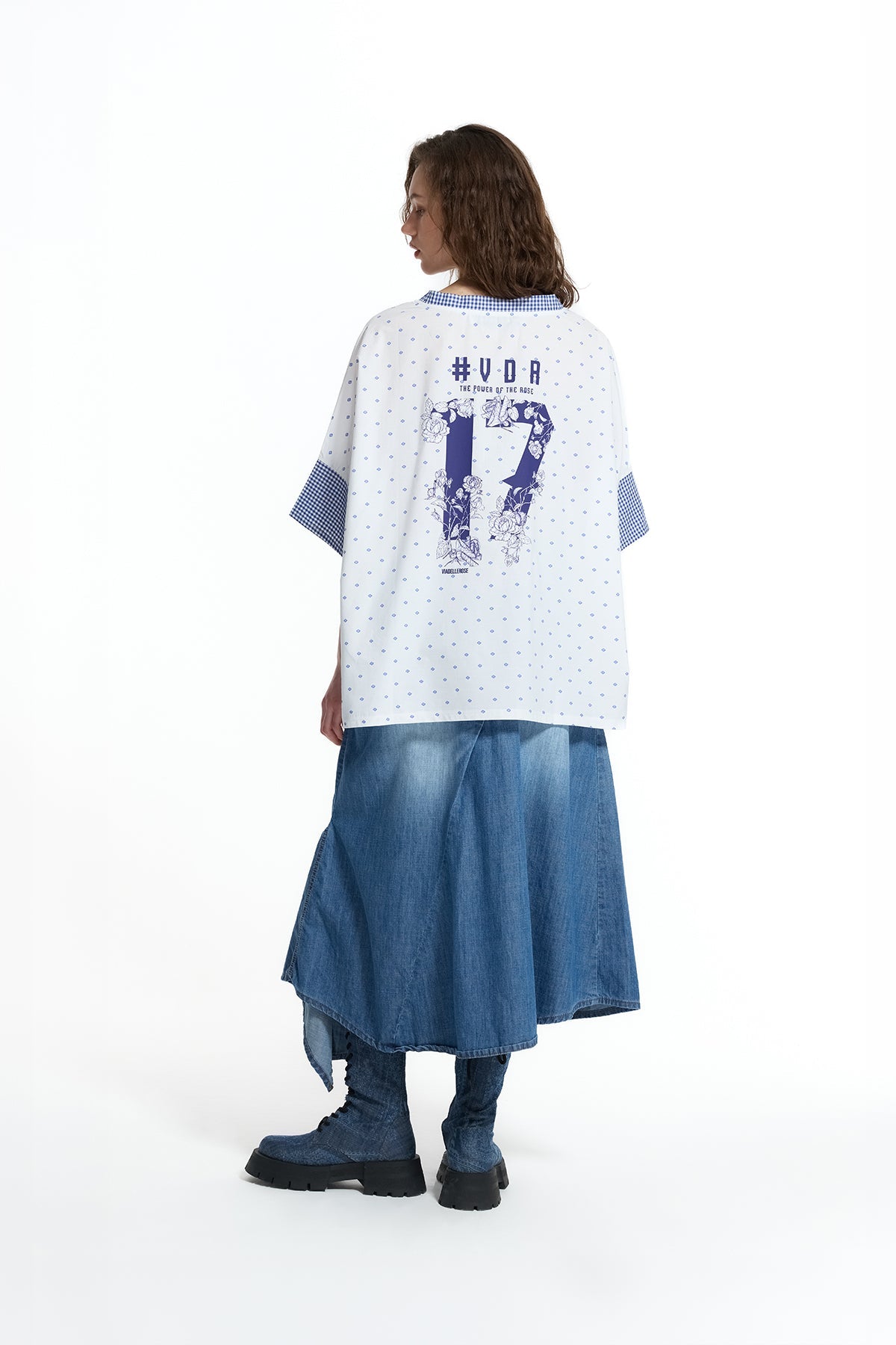 White Blue V Neck Vdr Print Oversize T-shirt 19016