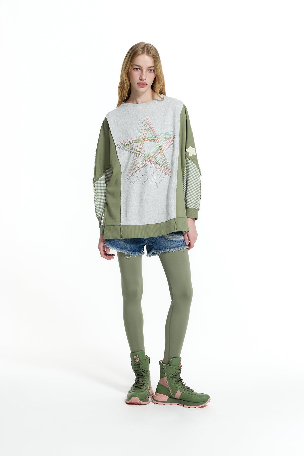 Grey Melange Khaki Contrast Fabric Embroidered Oversize Sweatshirt 19026