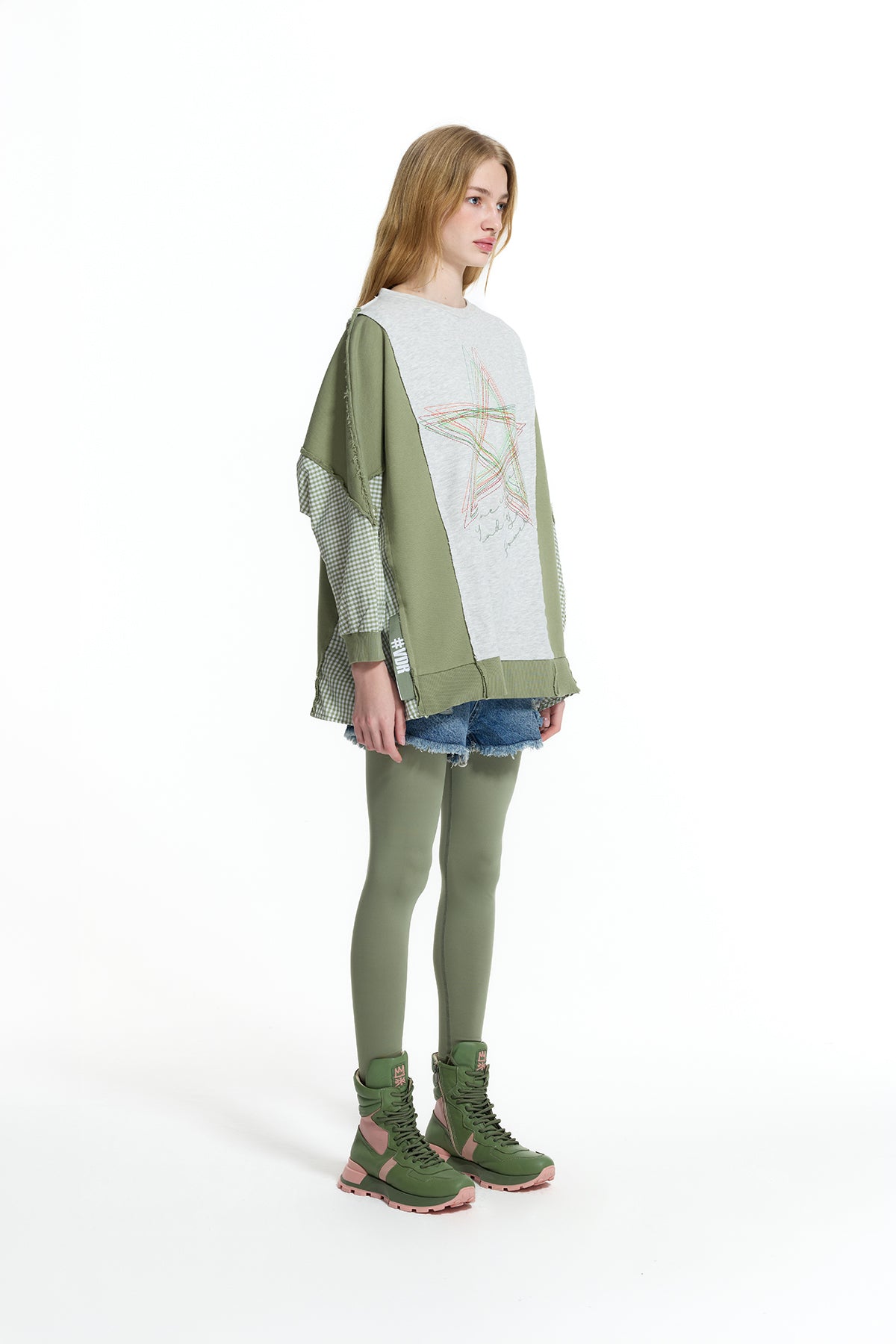 Grey Melange Khaki Contrast Fabric Embroidered Oversize Sweatshirt 19026