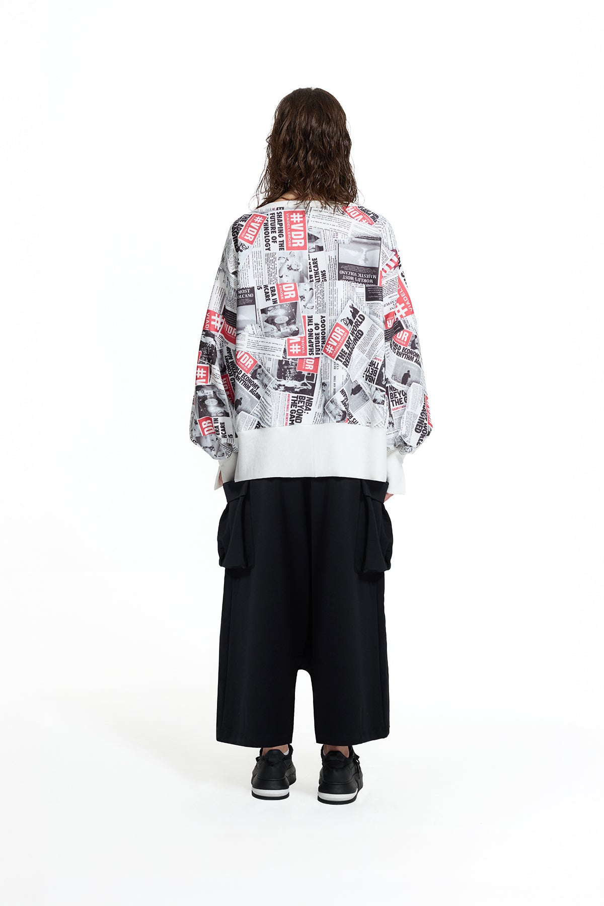 White Black Newspaper Print Rib Detail Oversize Sweatshirt 19033