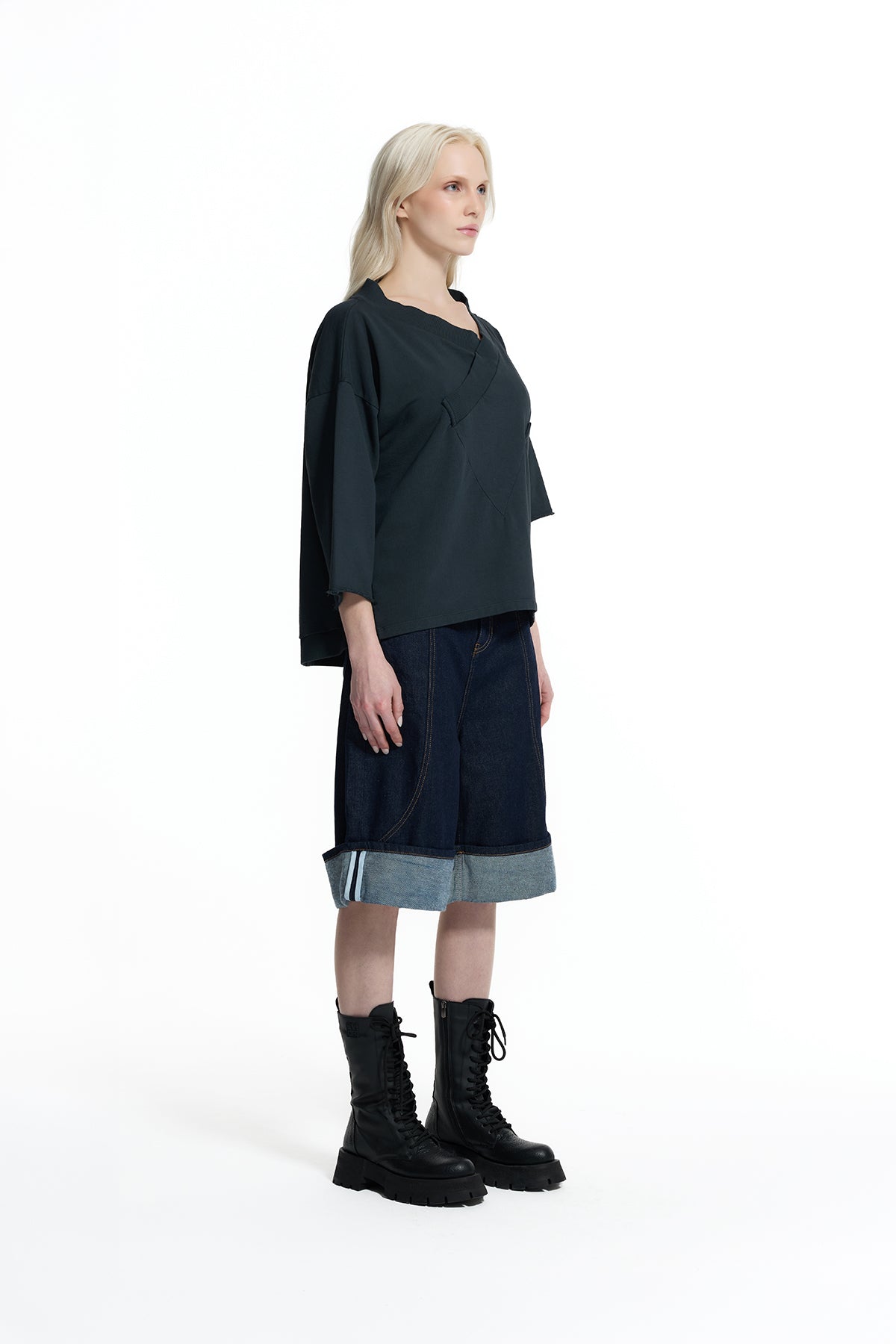 Black Wrap Neck Embossed Logo Detail Oversize Sweatshirt 19036