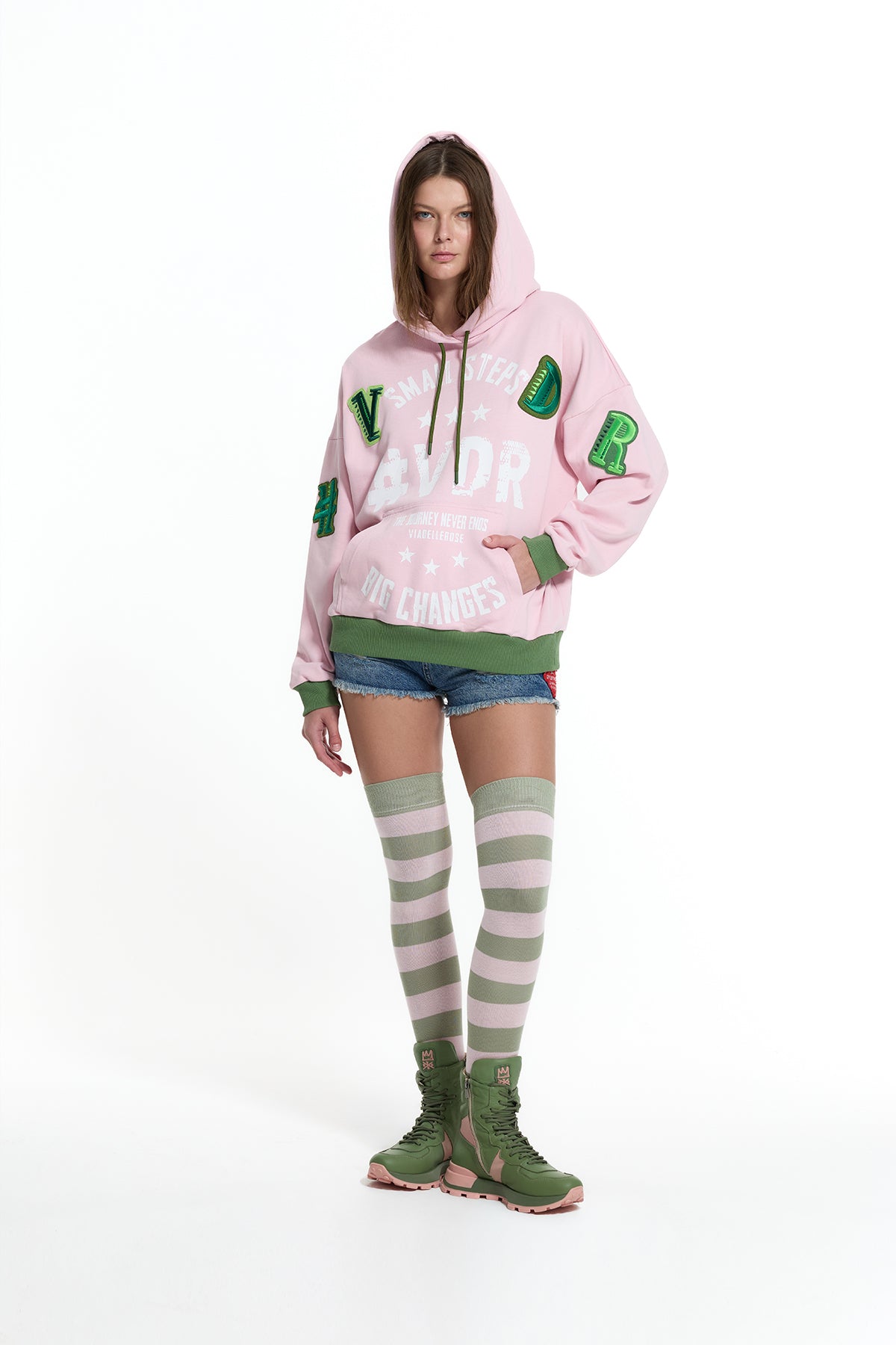 Pink Khaki Patch And Print Detail Hooded Oversize Sweatshirt 19043