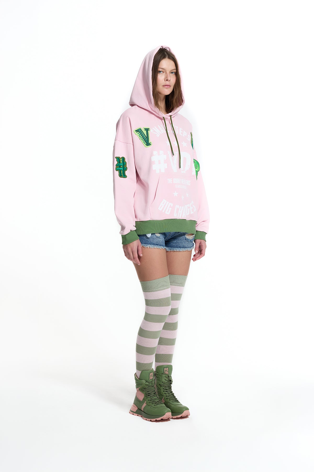 Pink Khaki Patch And Print Detail Hooded Oversize Sweatshirt 19043