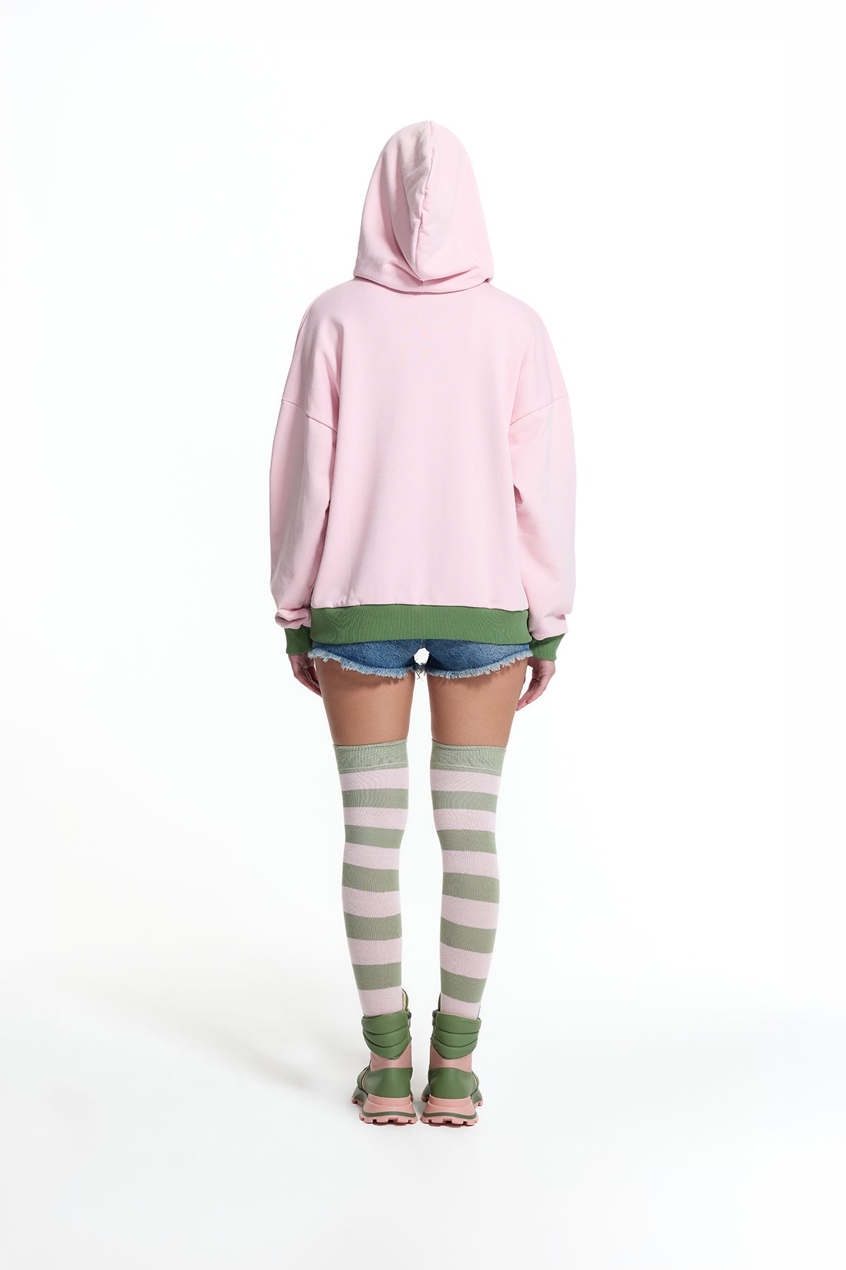 Pink Khaki Patch And Print Detail Hooded Oversize Sweatshirt 19043
