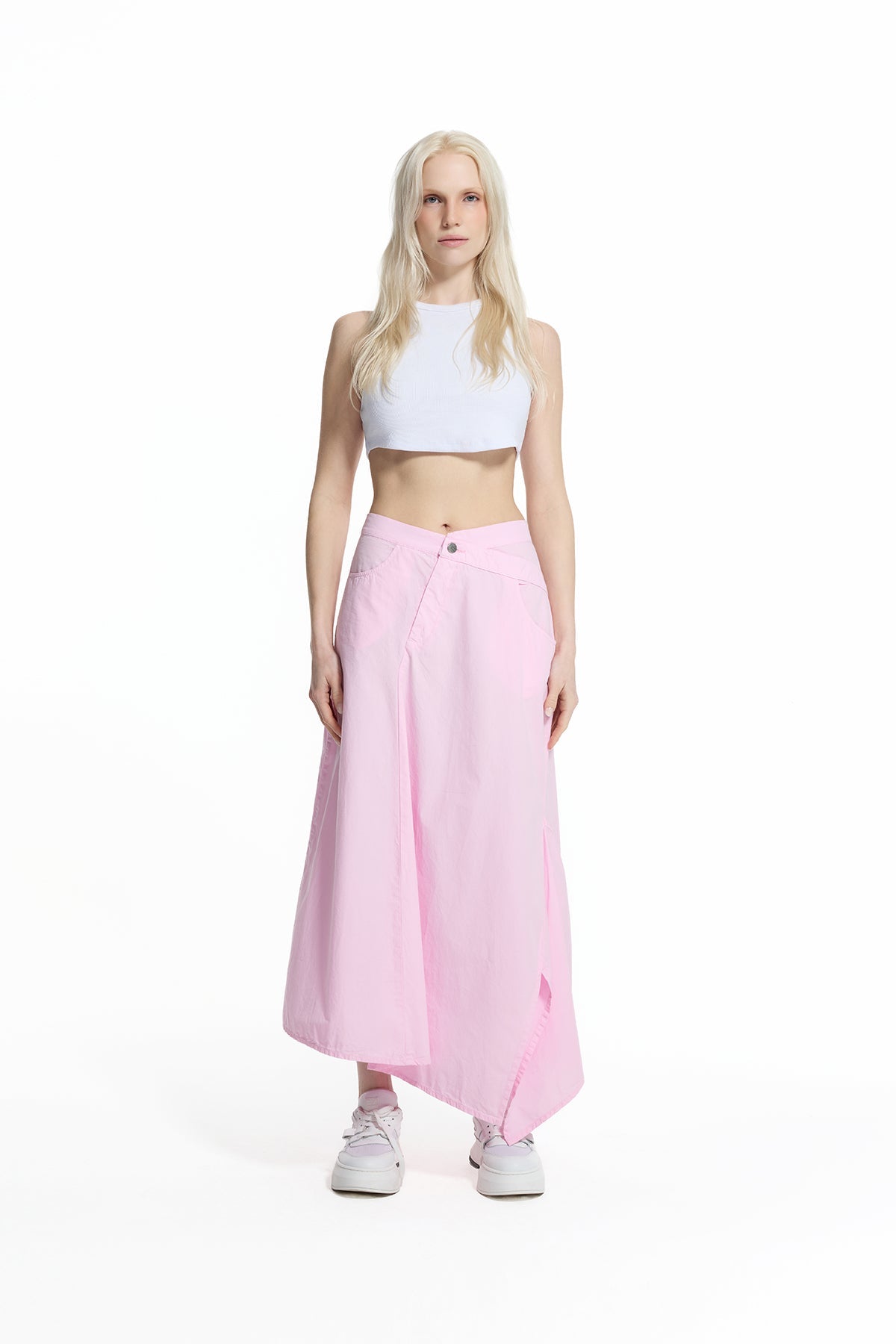 Pink Asymmetric Slit Detailed Long Skirt 19051