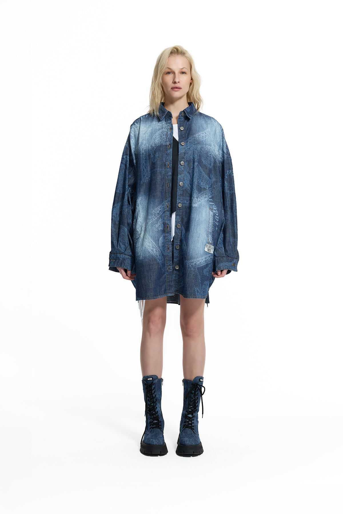Dark Blue Ethnic Pattern Long Denim Shirt 19053