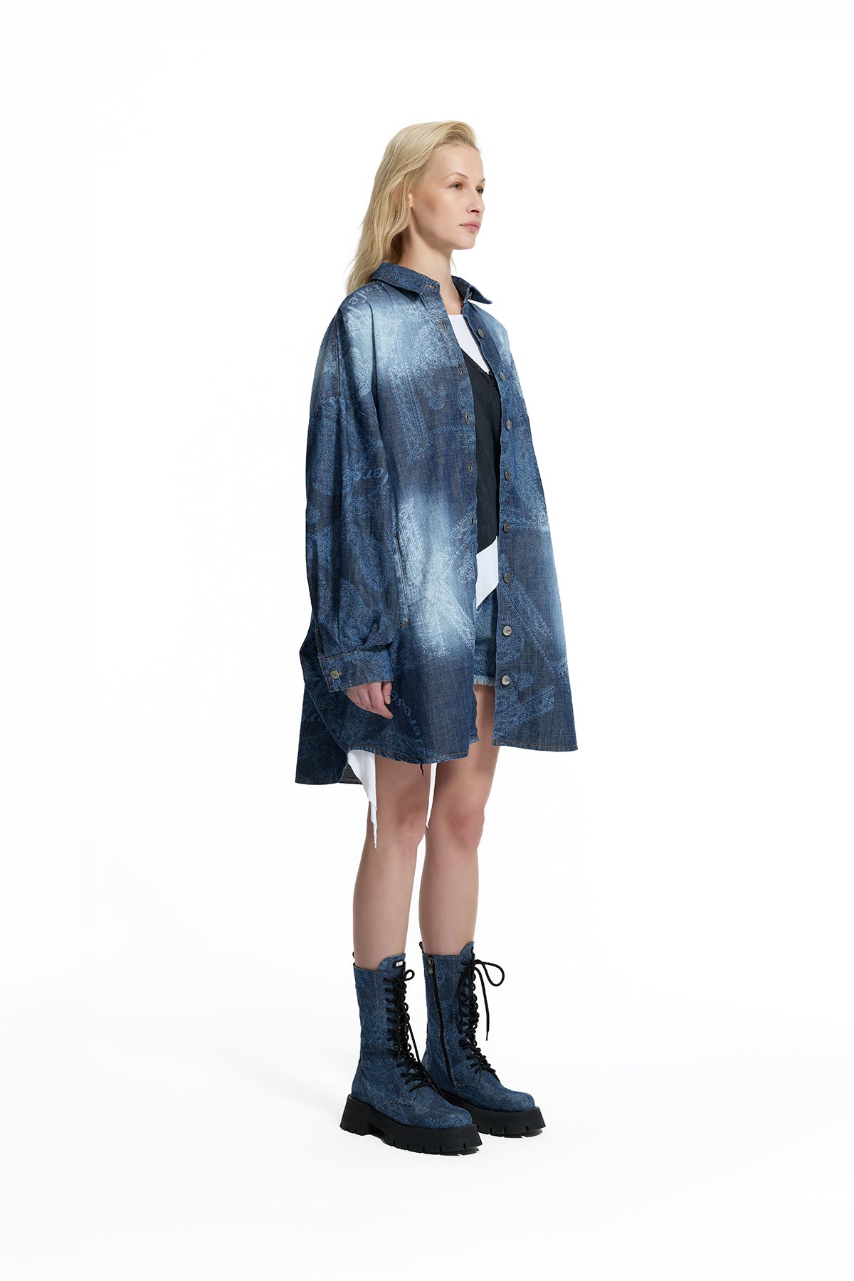 Dark Blue Ethnic Pattern Long Denim Shirt 19053