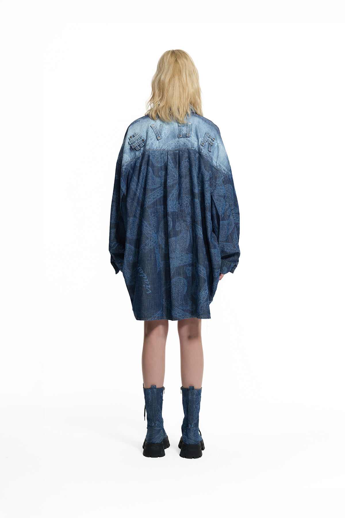 Dark Blue Ethnic Pattern Long Denim Shirt 19053