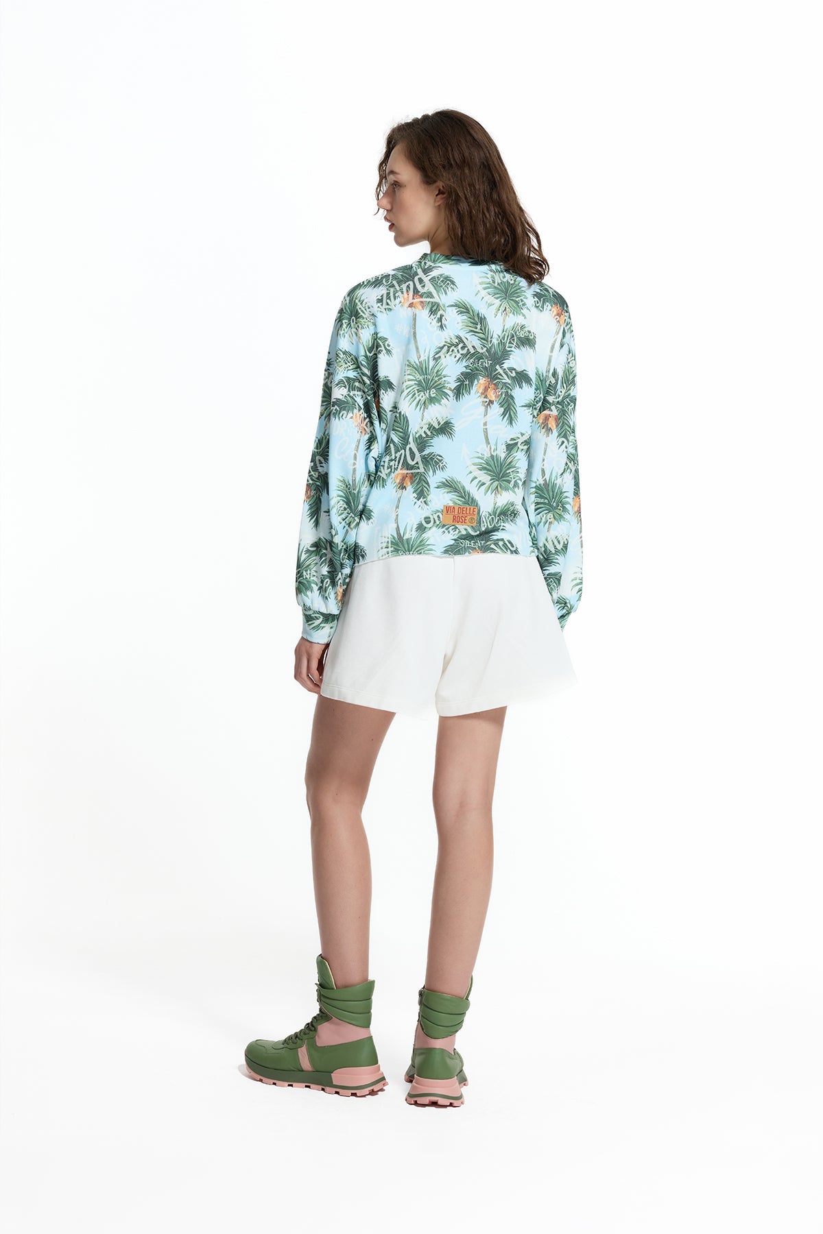 Blue Green Palm Print Cropped Sweatshirt 19077