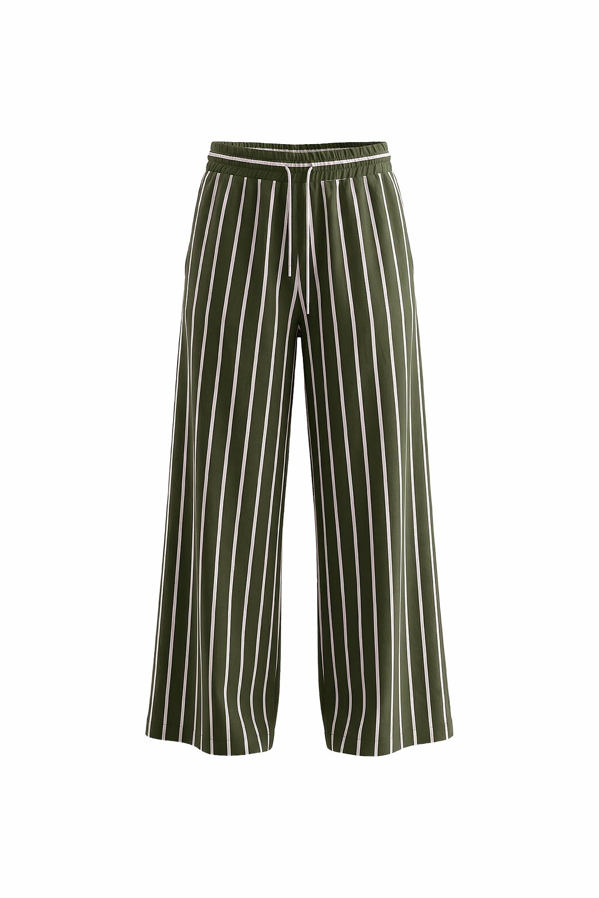 Khaki White Draped Striped Wide Leg Trousers 19087