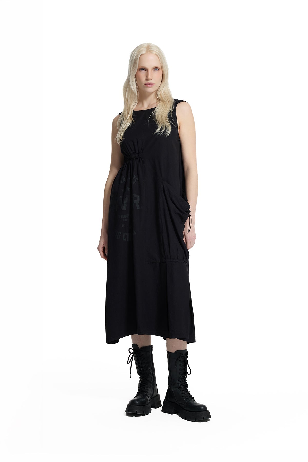 Black Asymmetric Pocket Detail Fluid Silhouette Midi Dress 19090