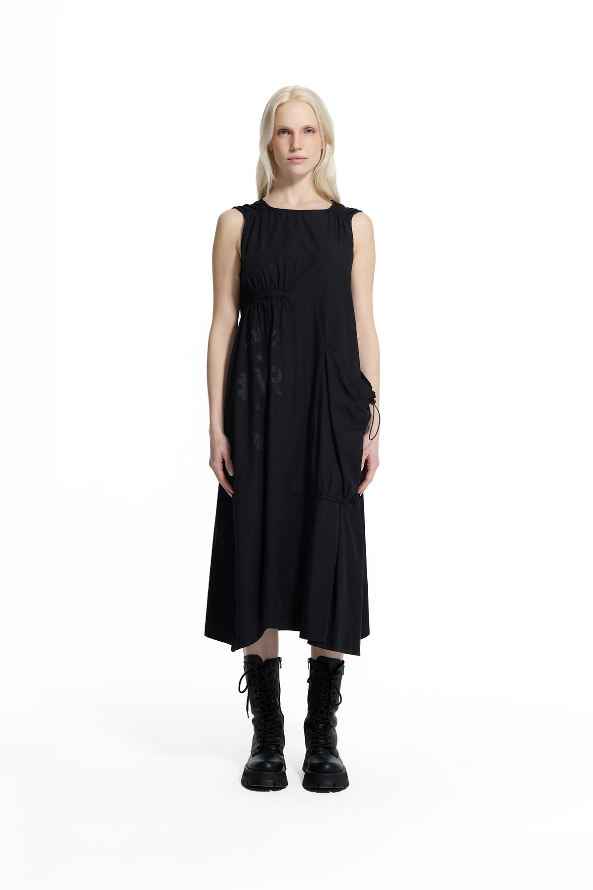 Black Asymmetric Pocket Detail Fluid Silhouette Midi Dress 19090