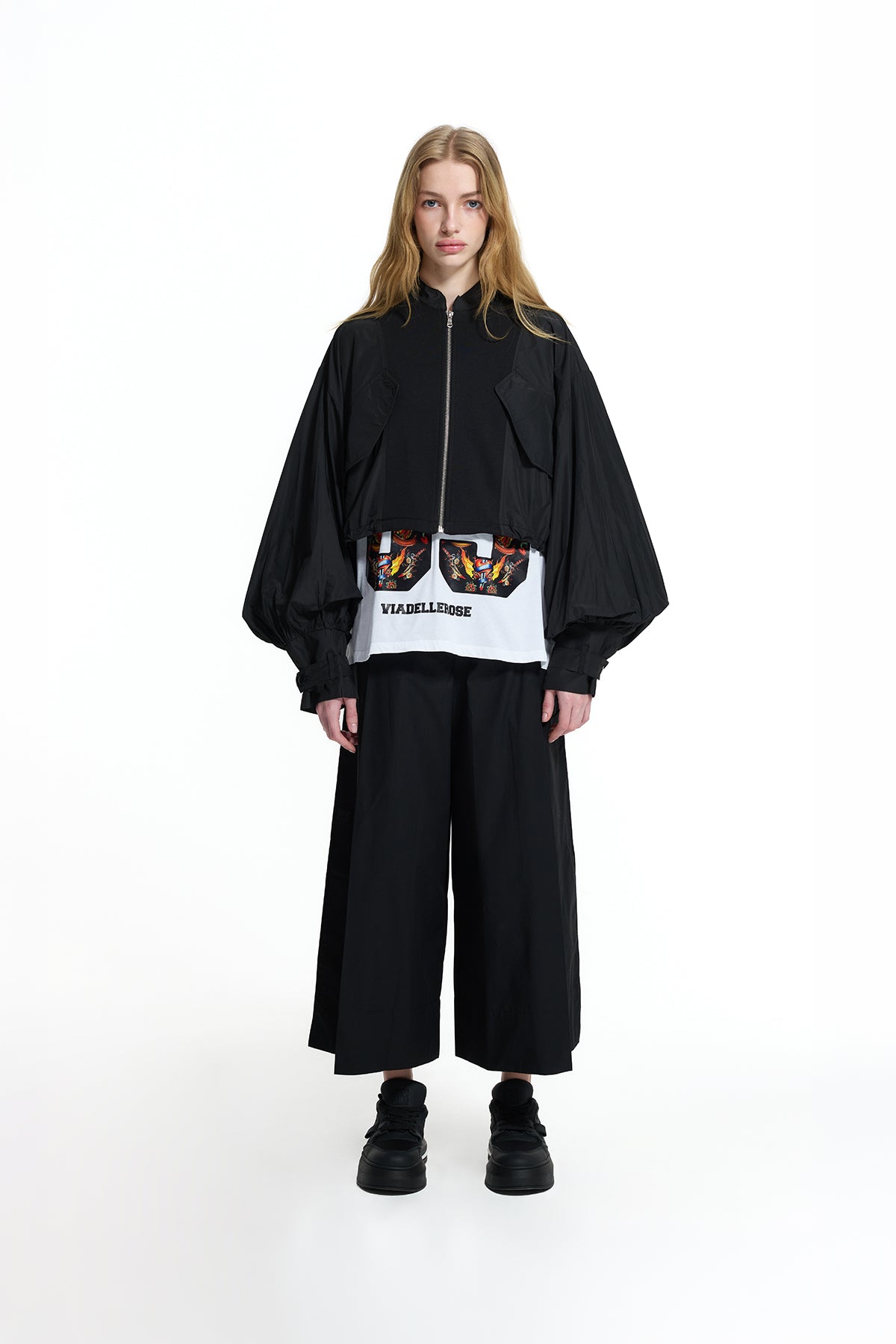 Black Balloon Sleeve Crop Bomber Jacket 19111
