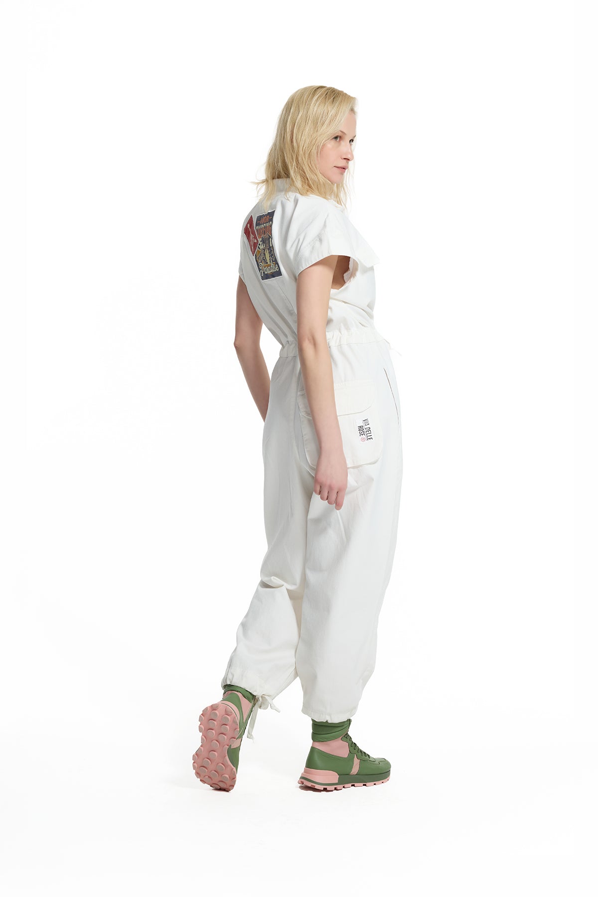White Drawstring Waist Patch Jumpsuit 19120