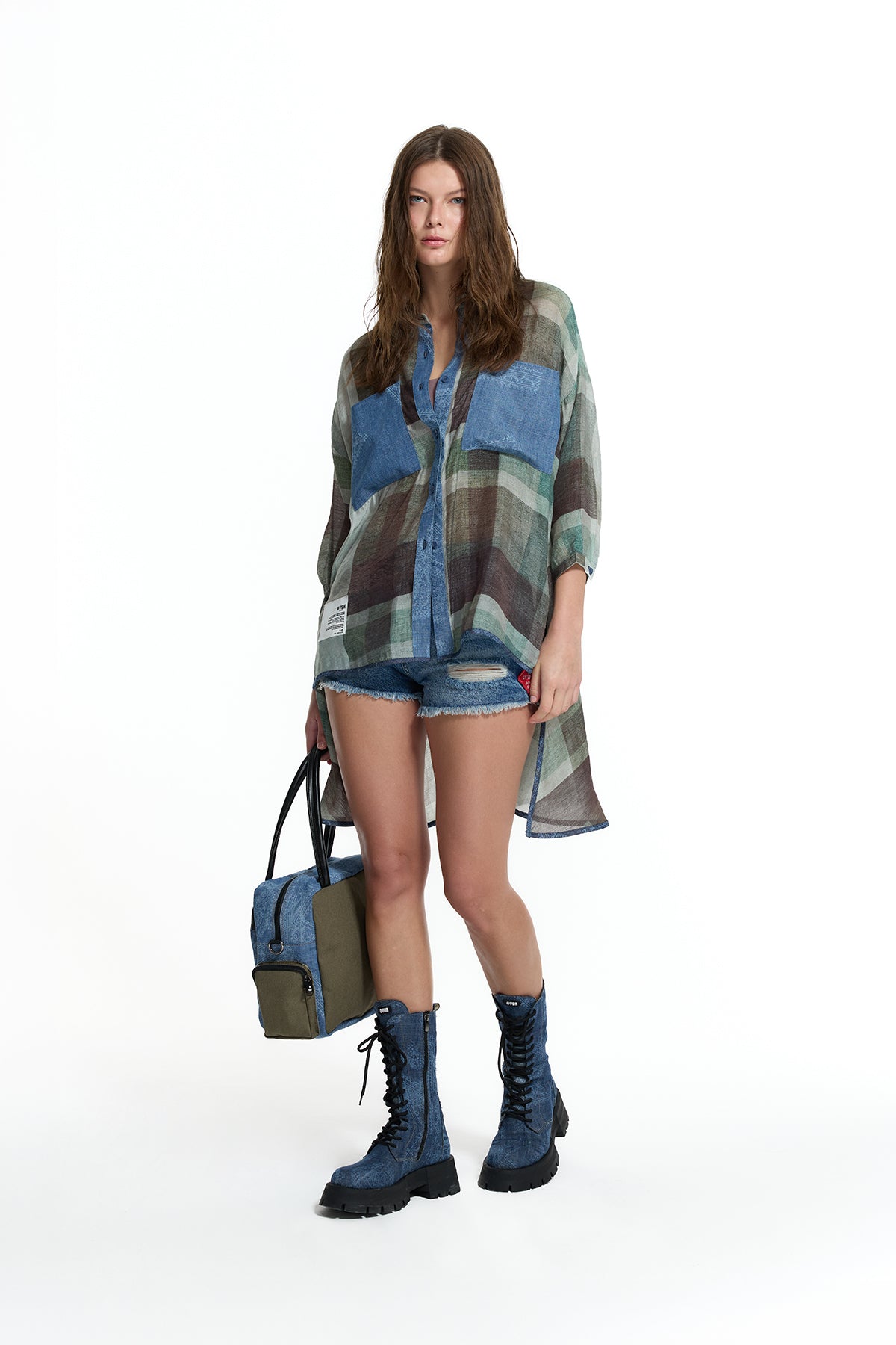 Green Denim Patch Plaid Shirt 19134