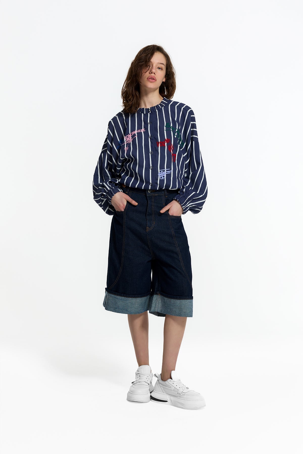 Blue White Embroidered Bomber Jacket 19150