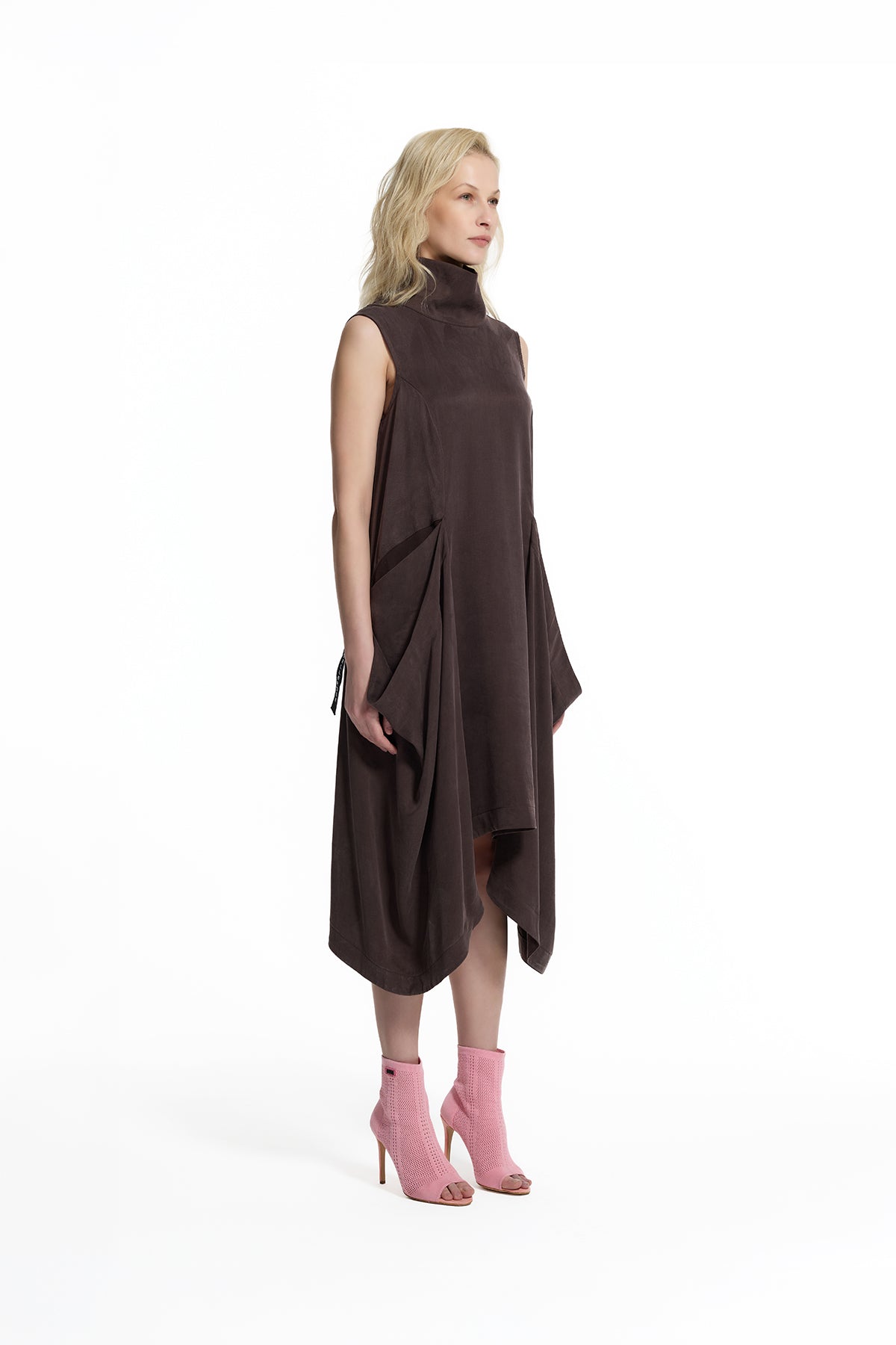 Brown Draped Asymmetric Dress 19152