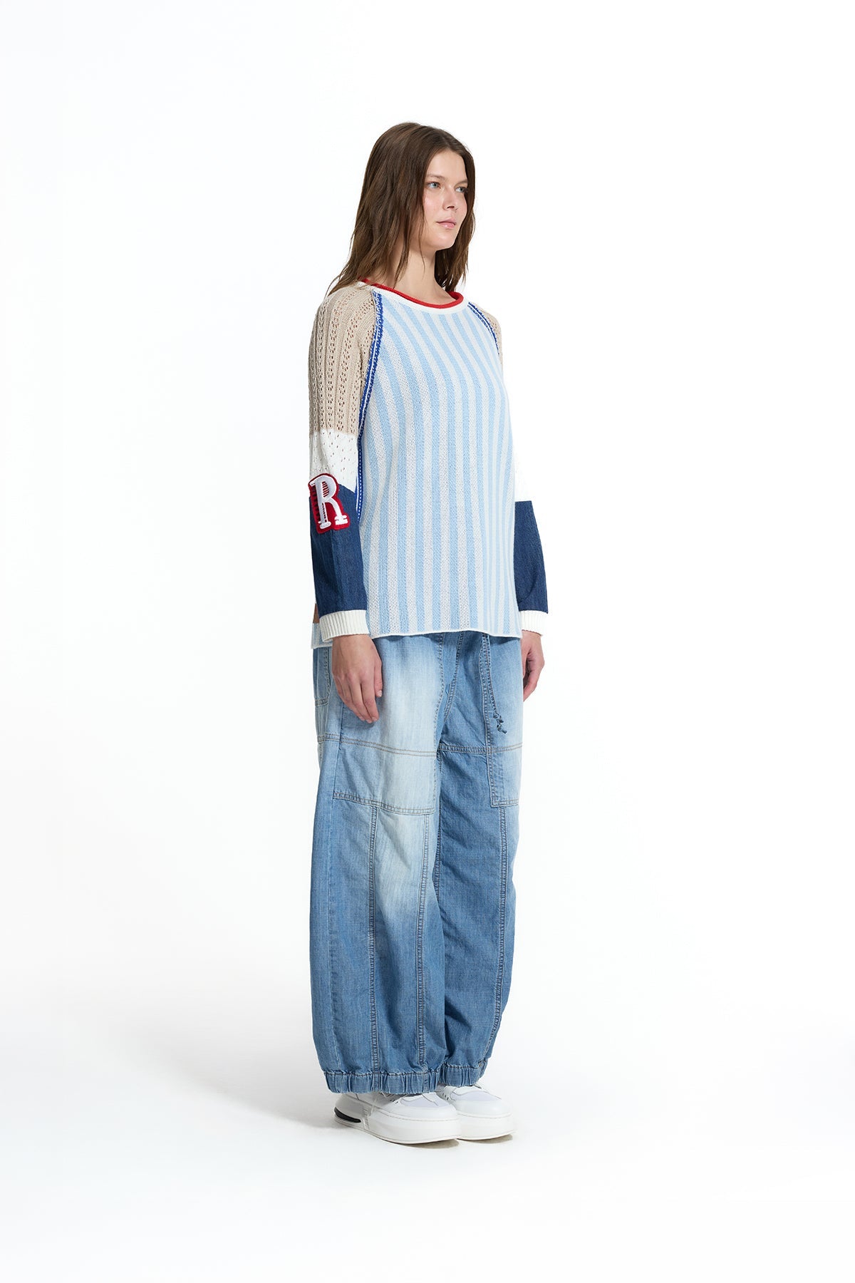 Light Blue Striped Raglan Knit Sweater 19161