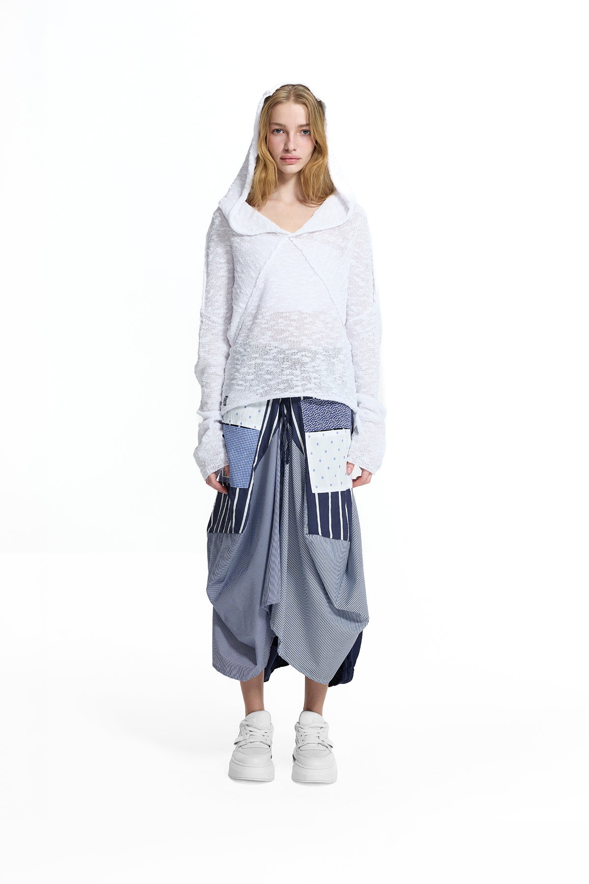 White Hooded Seam Detail Knit Sweater 19163
