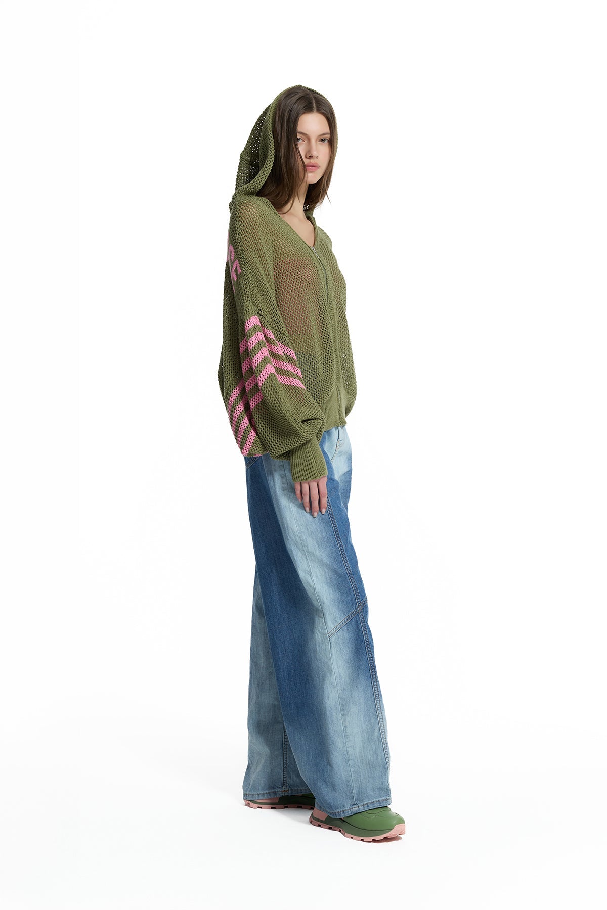 Khaki Pink Openwork Stripe Knit Sweater 19165