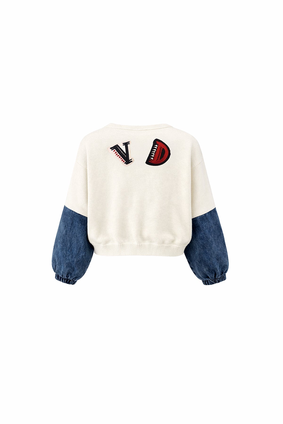 Off White Blue Contrast Denim Sleeve Bomber Knit Sweater 19173