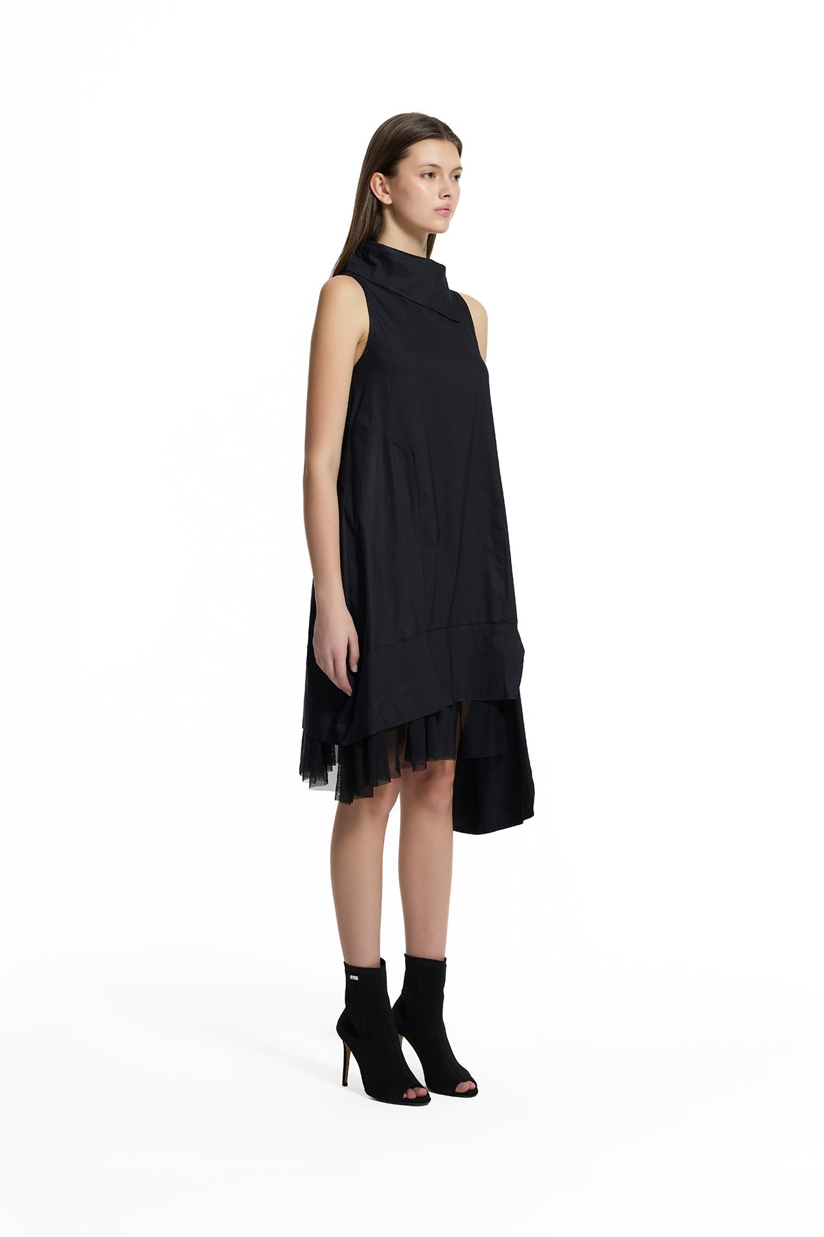Black Asymmetric Tulle Detail Midi Dress 19187
