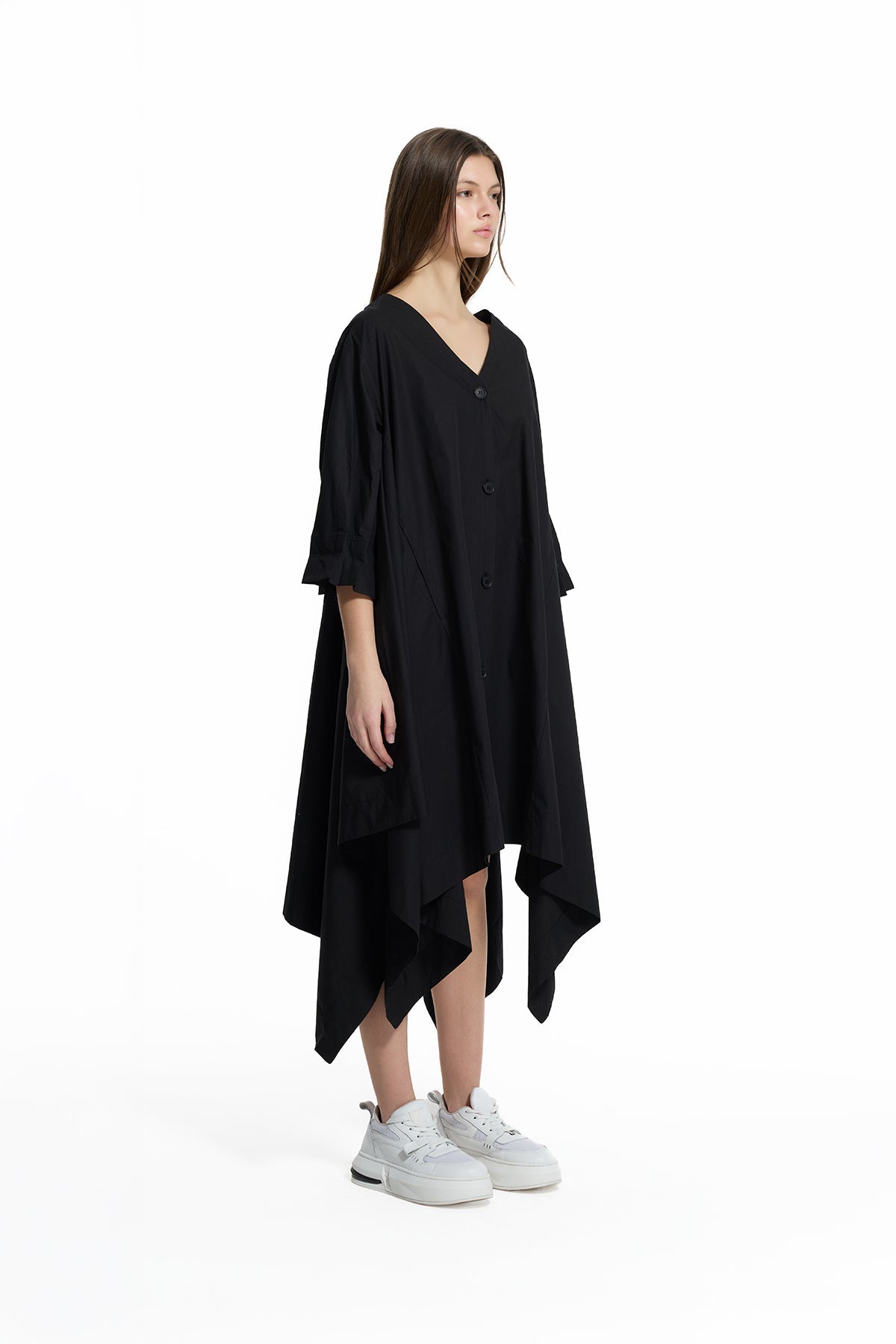 Black V-neck Asymmetric Midi Dress 19188
