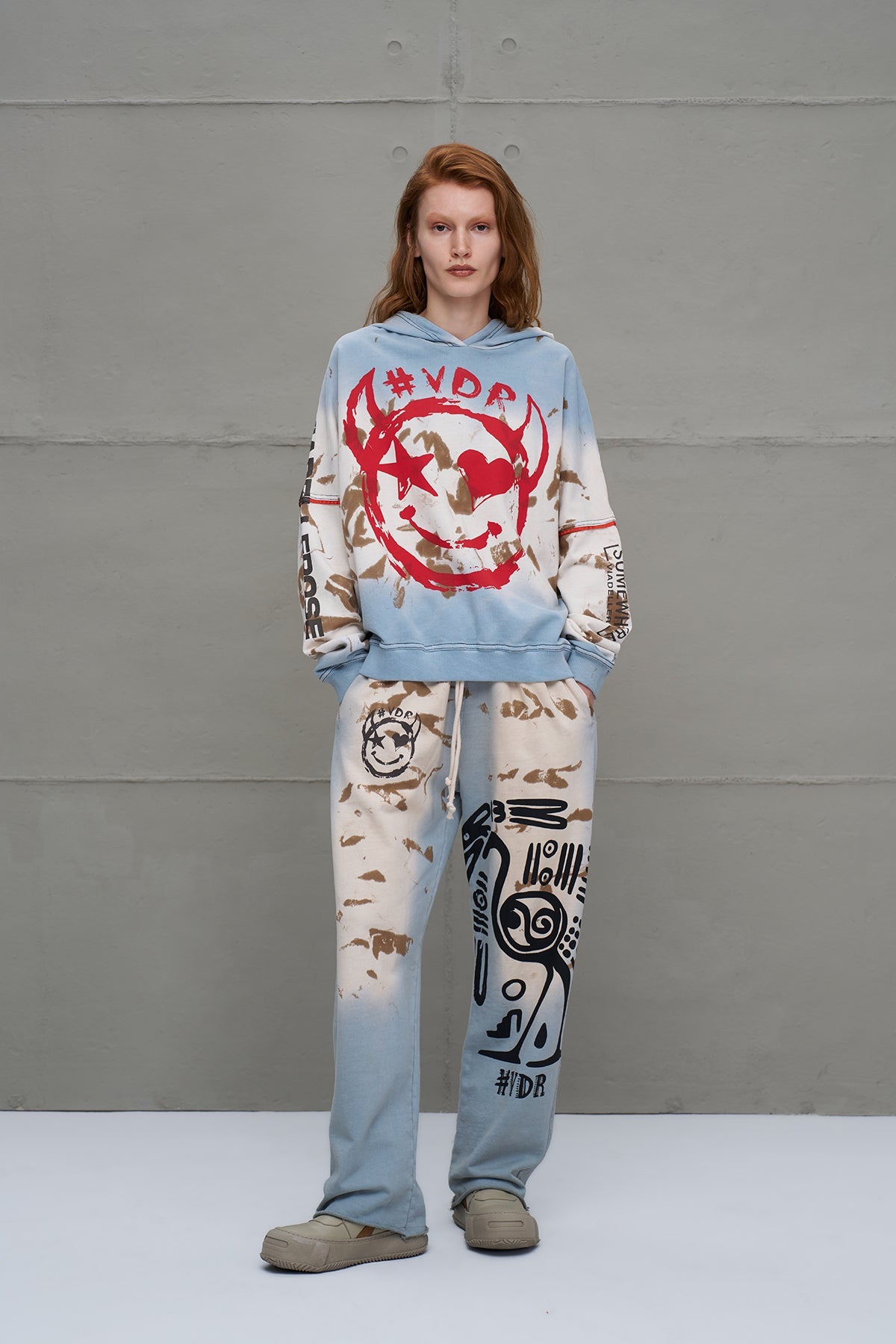 Blue Beige Distressed Print Oversize Trousers 18002
