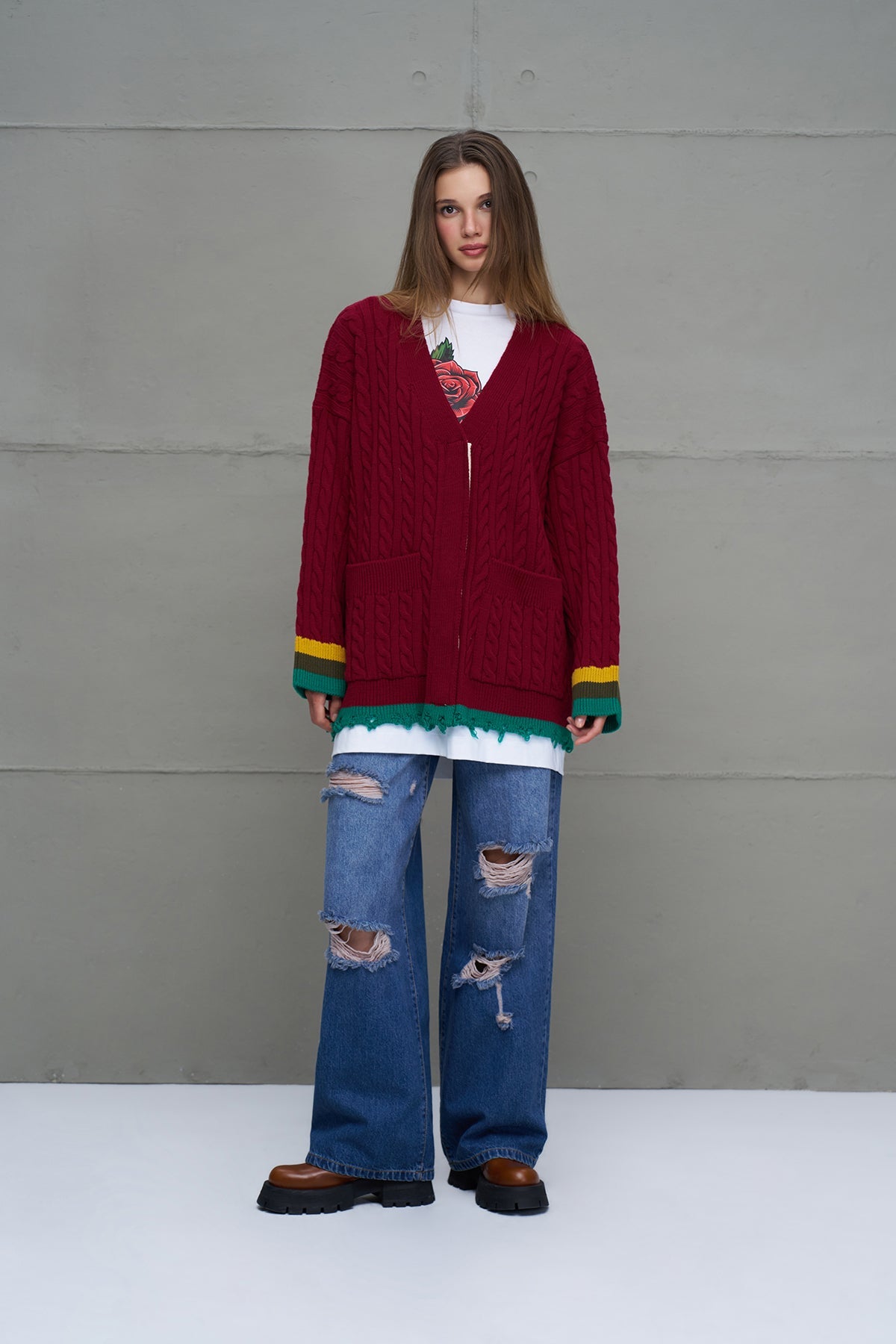 Burgundy Logo Print Oversize Knit Cardigan 18063