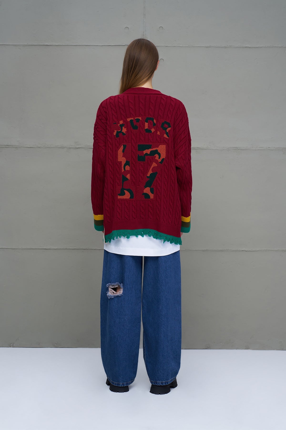 Burgundy Logo Print Oversize Knit Cardigan 18063