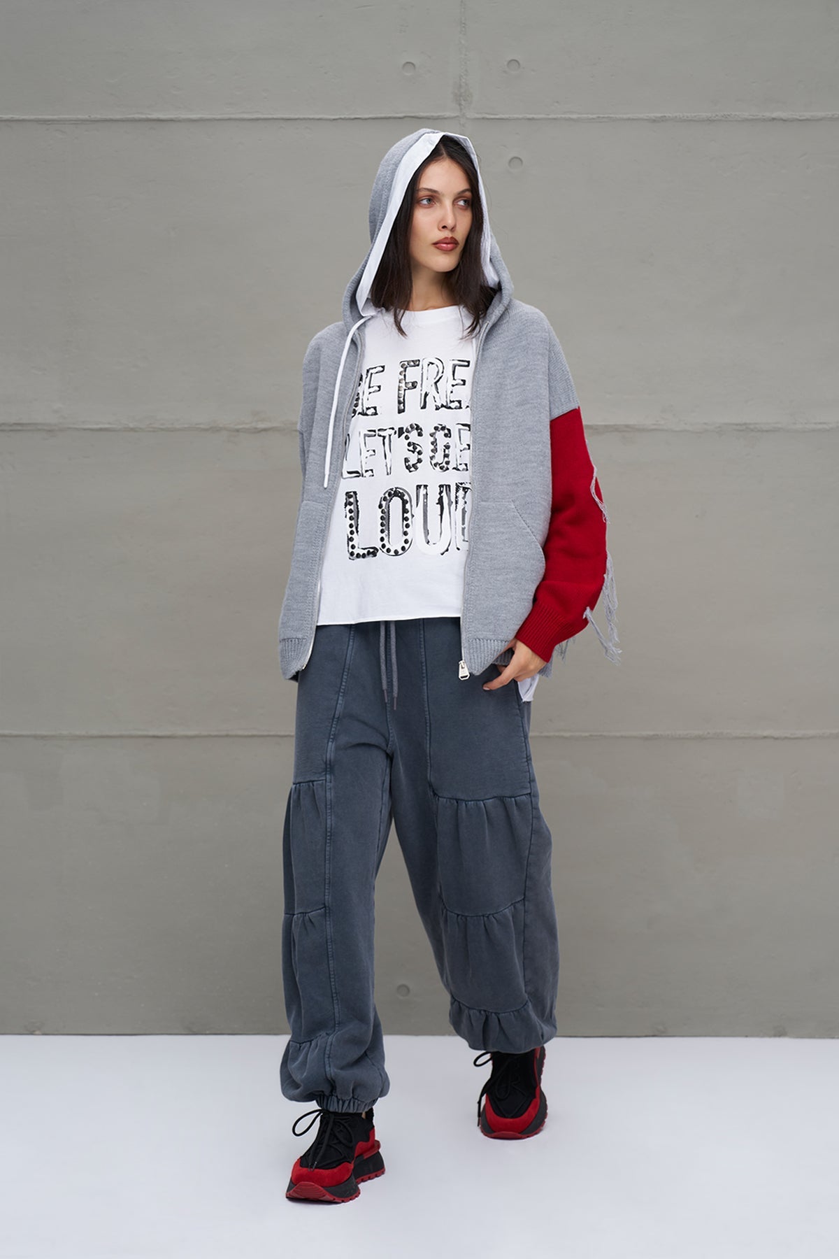 Grey Melange Red Zip-up Oversize Knit Sweater 18070