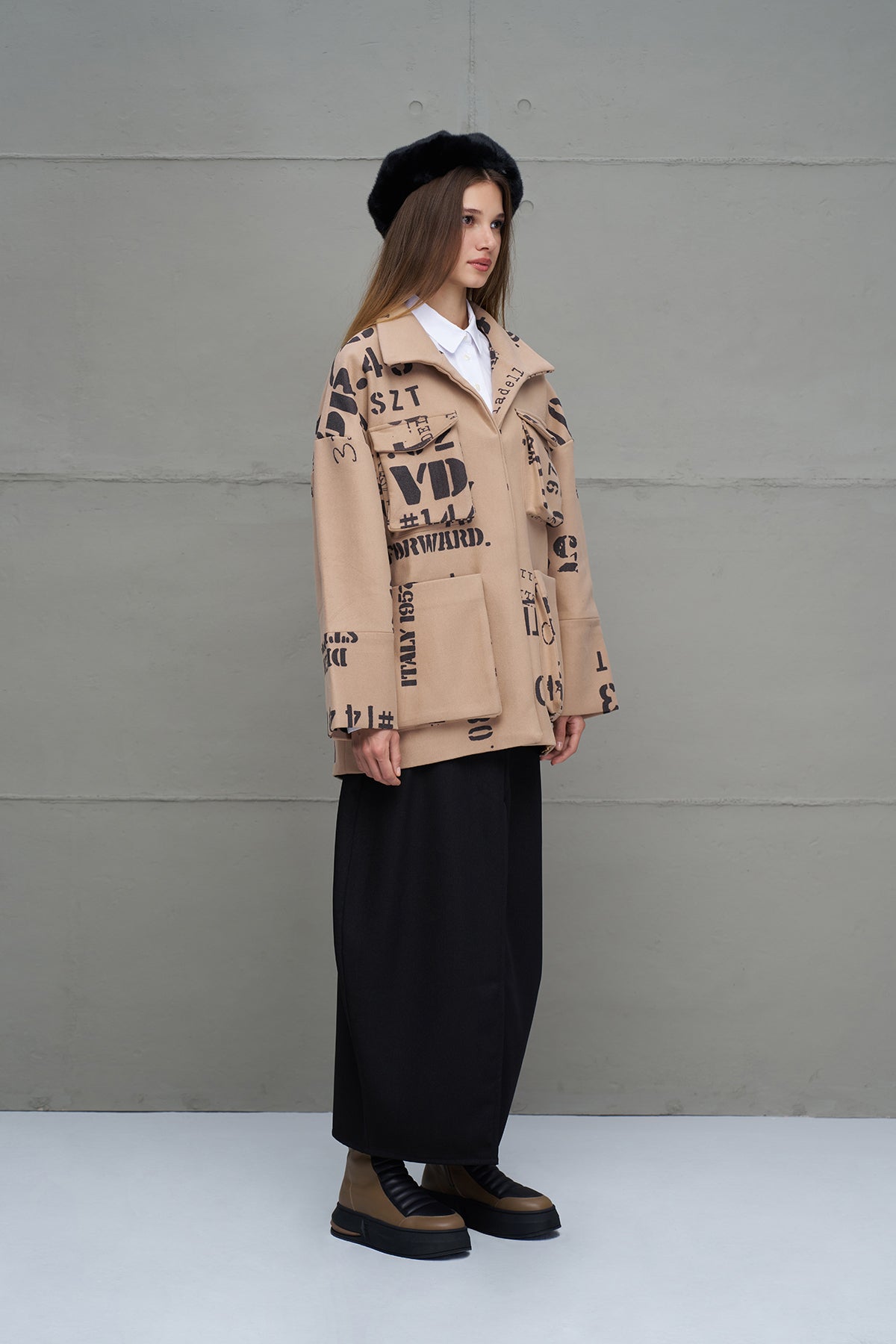 Beige Black Patterned Oversized Jacket 18115