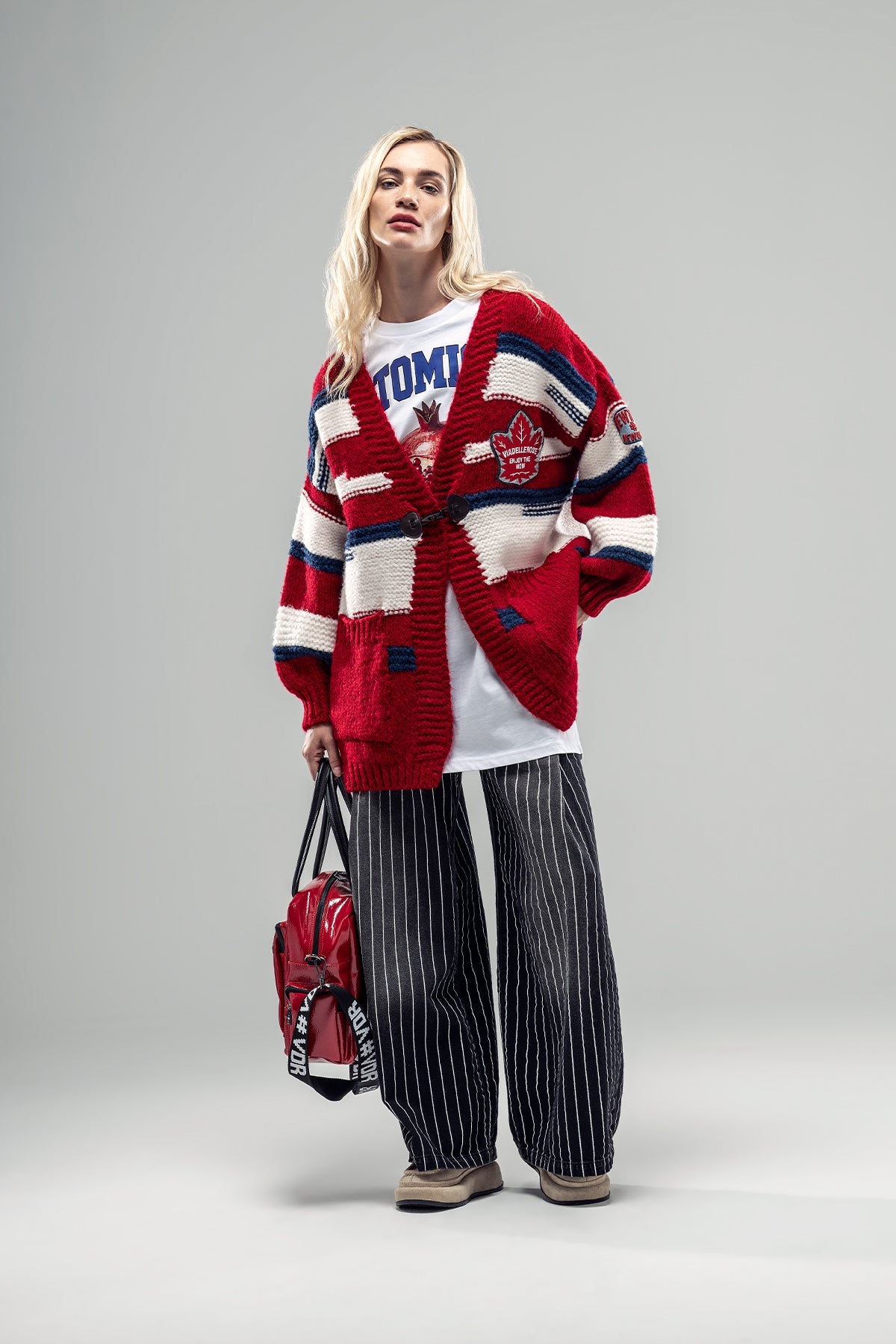 Red Blue Off White Knit Cardigan 20035