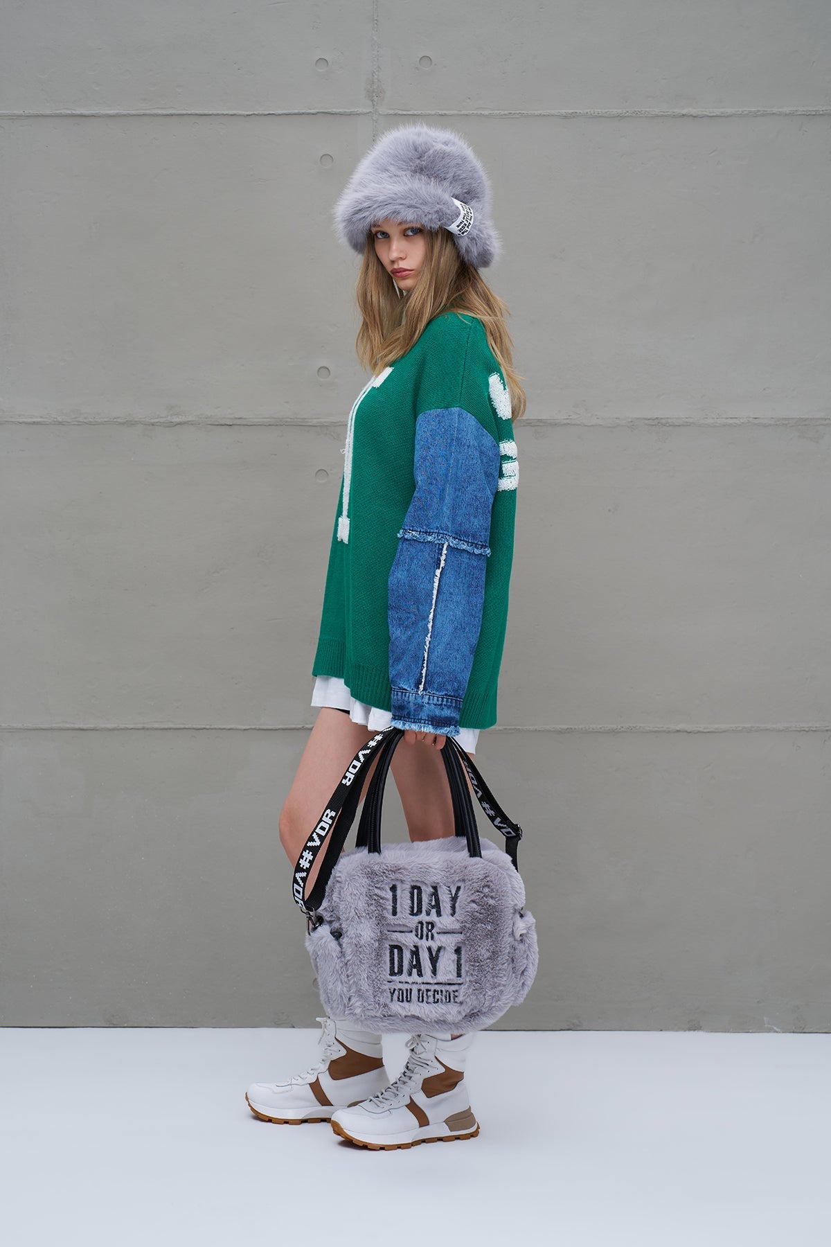 Grey Faux Fur Shoulder Tote Bag Porto20