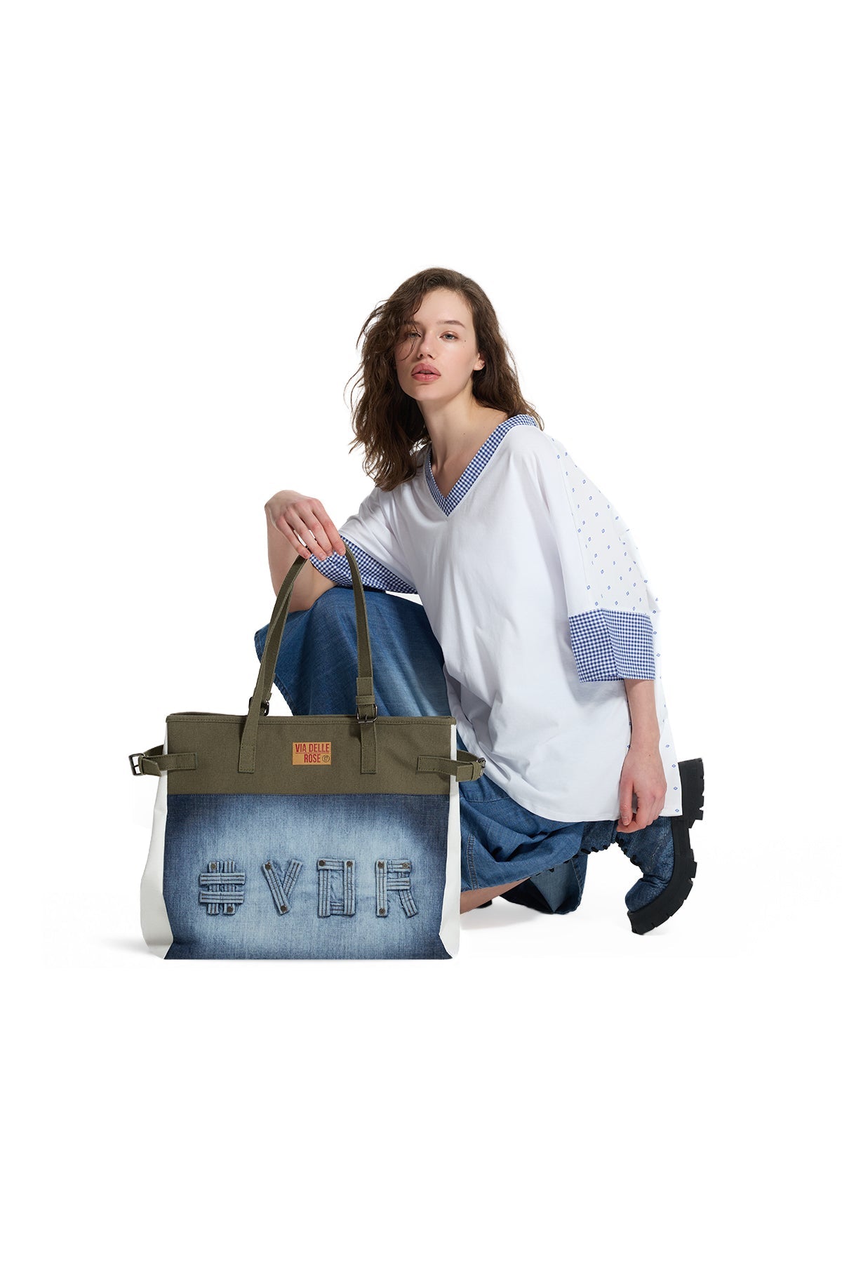 Khaki Blue Denim Detail Tote Bag Ranch