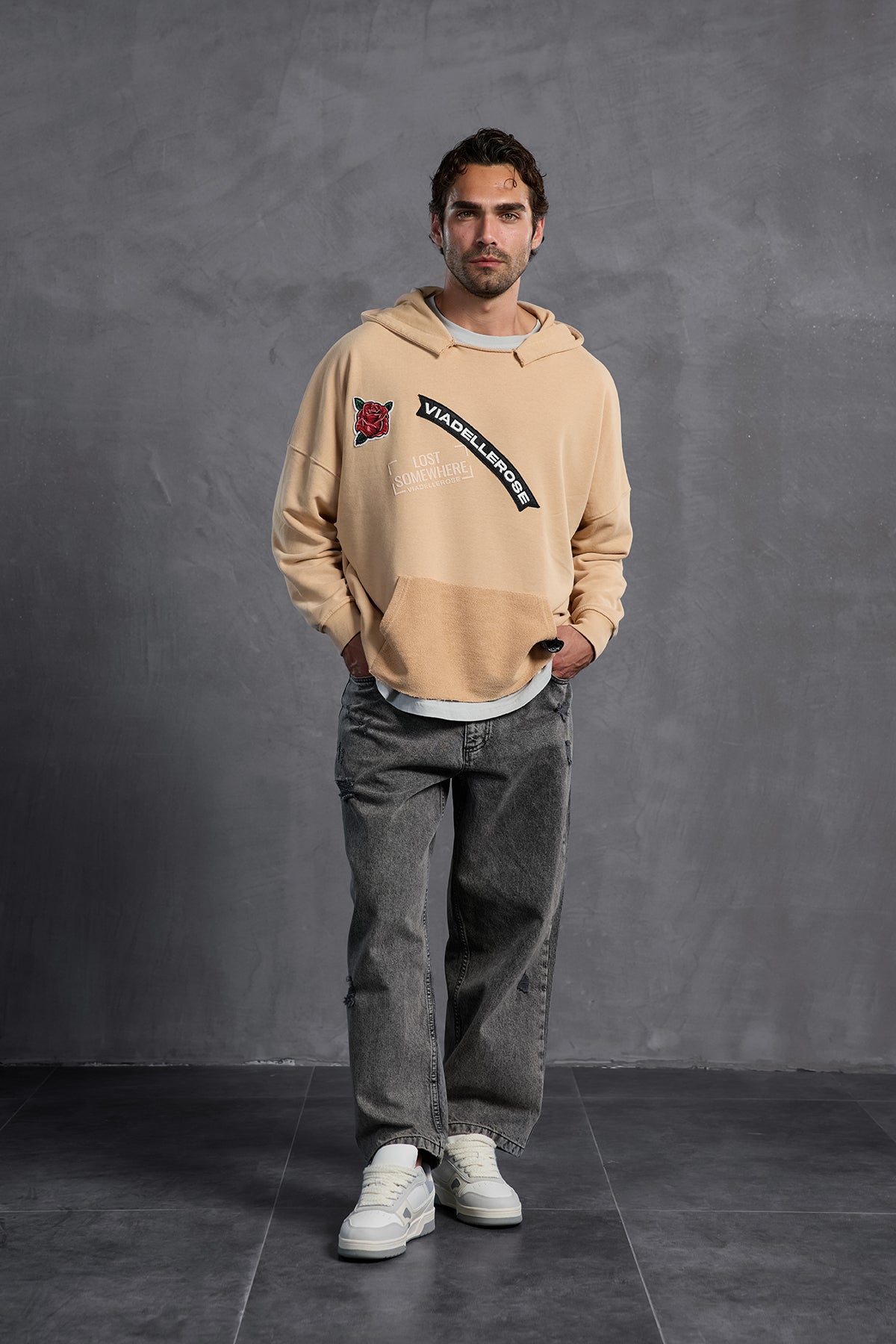 Beige Patch Hooded Sweatshirt 10003