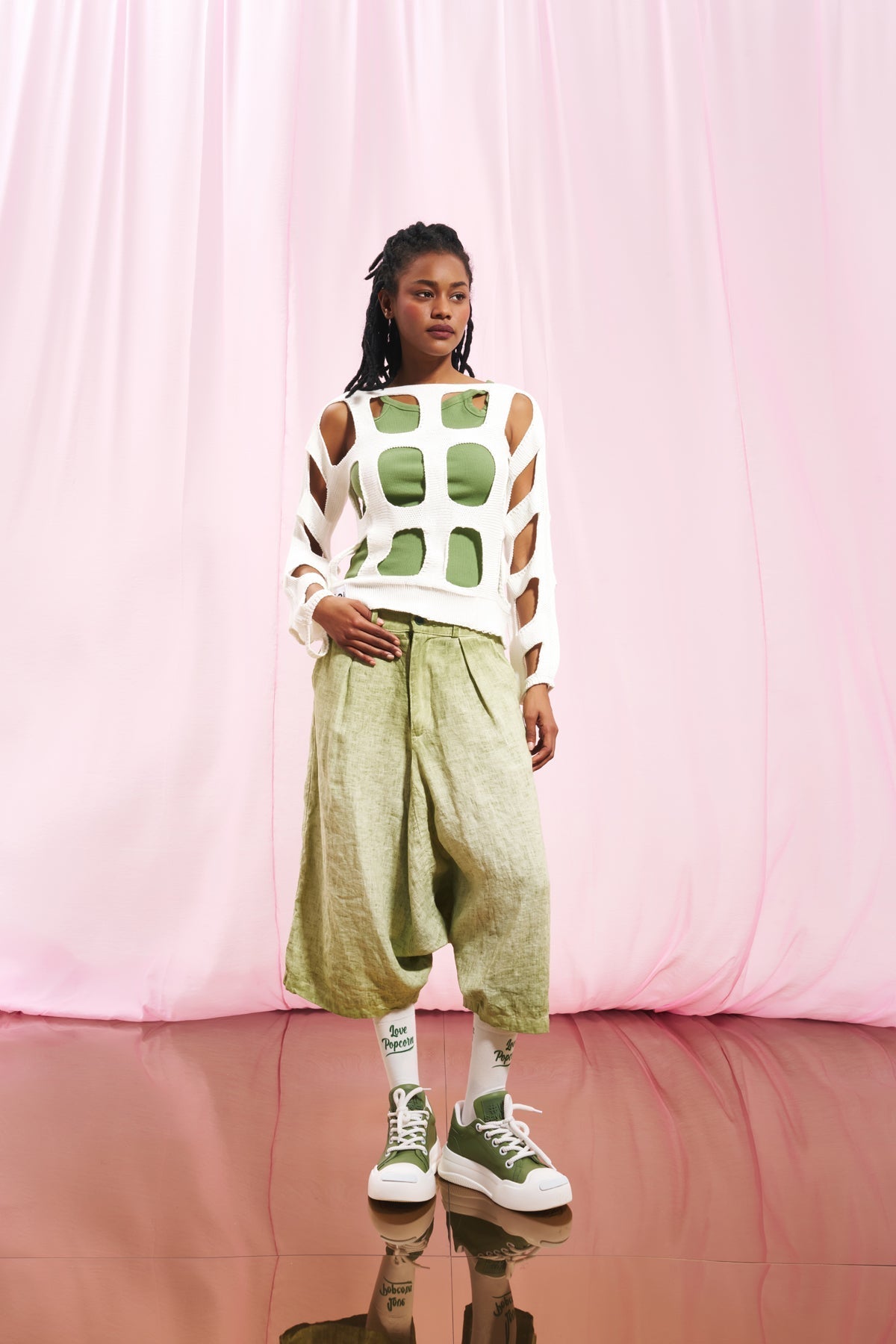Olive Green Pleated Linen Trousers 17312