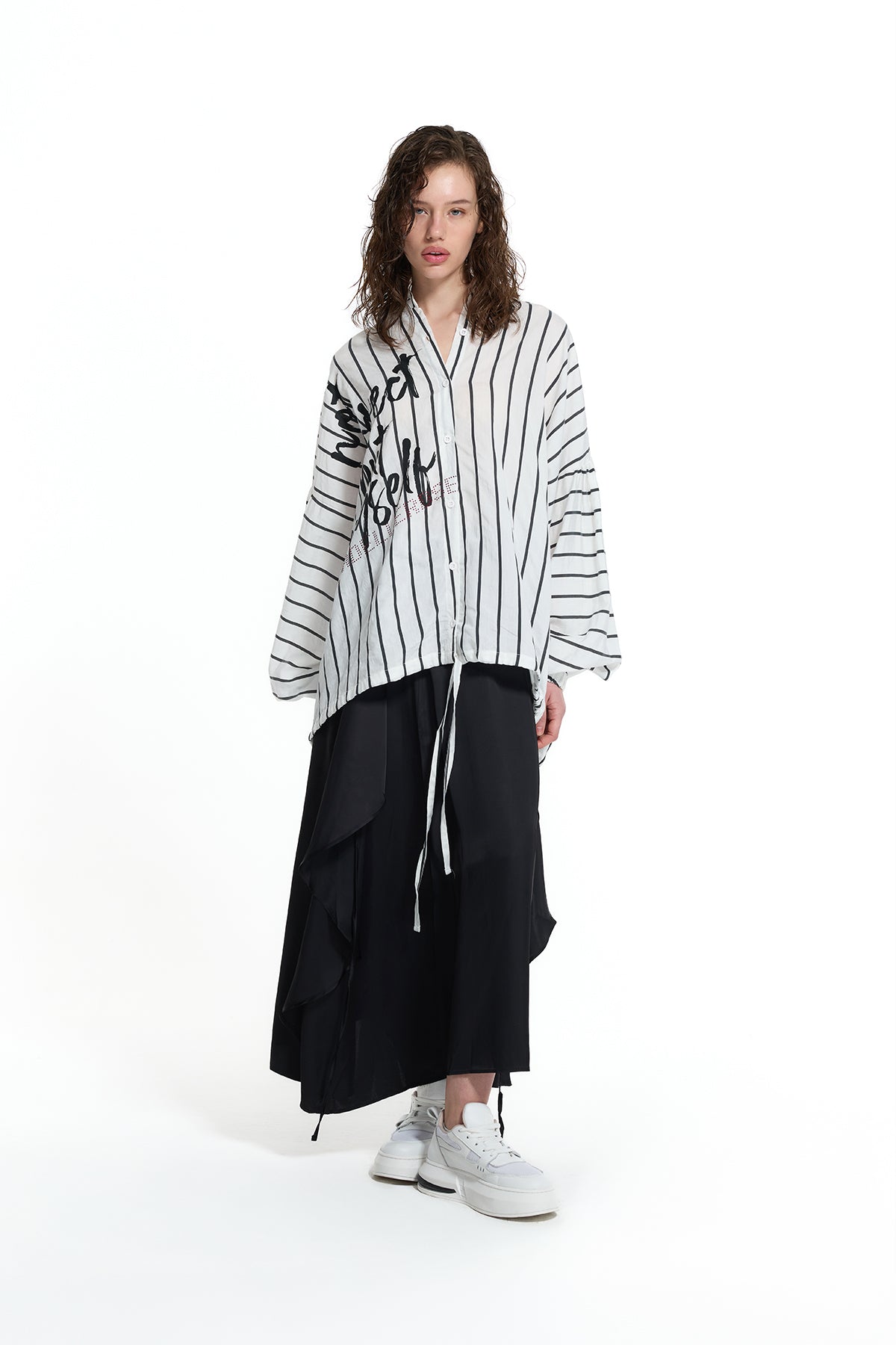 White Black Text Detail Striped Shirt 19008