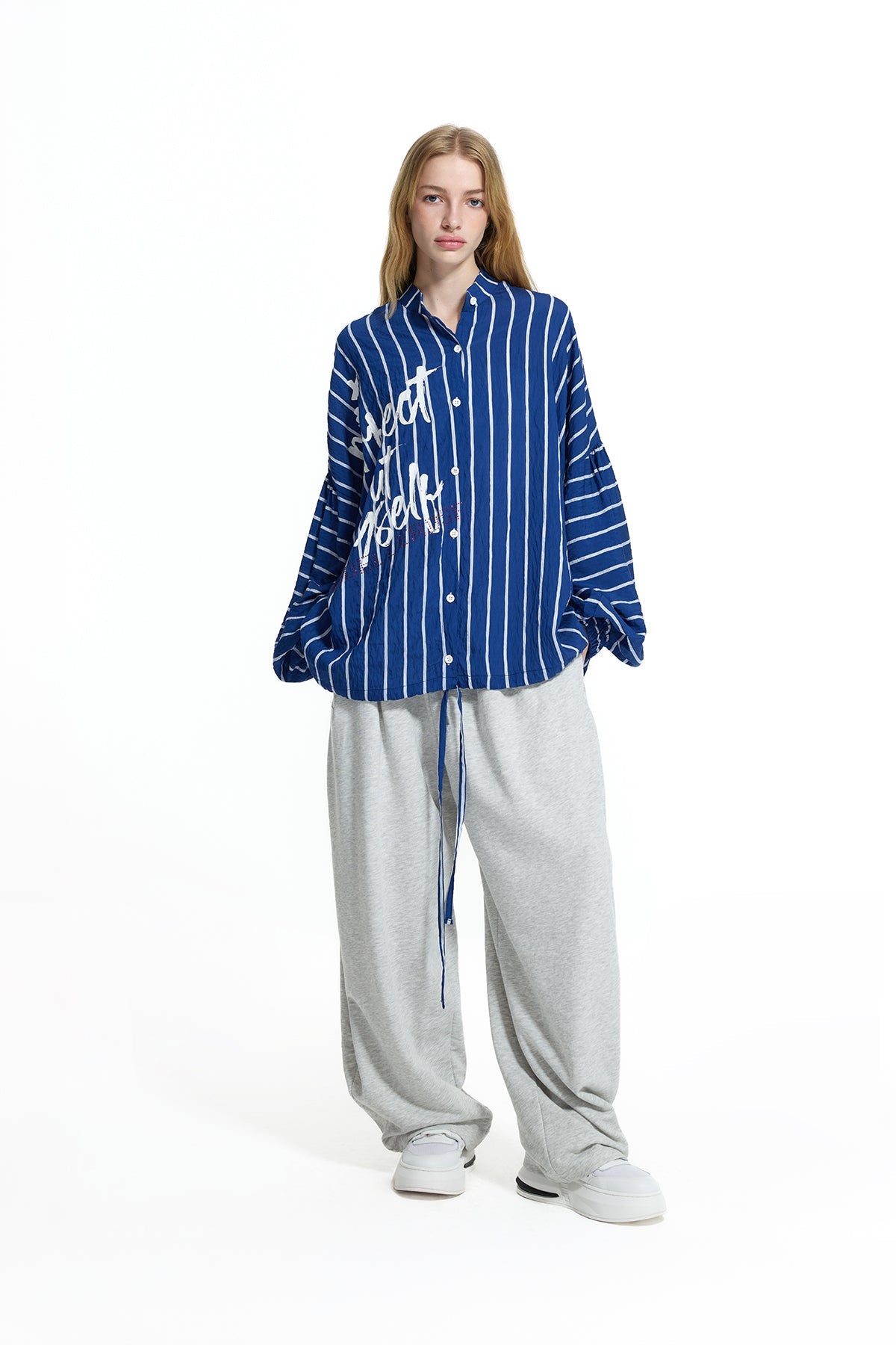 Blue White Text Detail Striped Shirt 19008