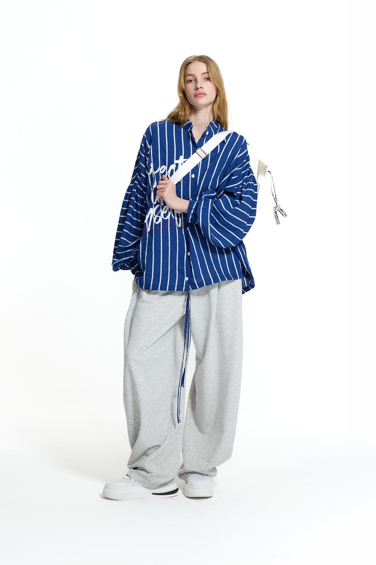 Blue White Text Detail Striped Shirt 19008