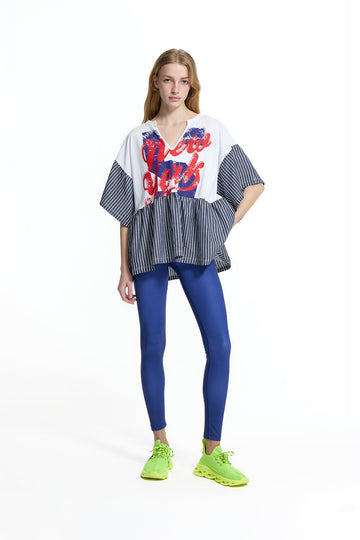 White Light Blue Text Print Stripe Detail Flounce T-shirt 19021