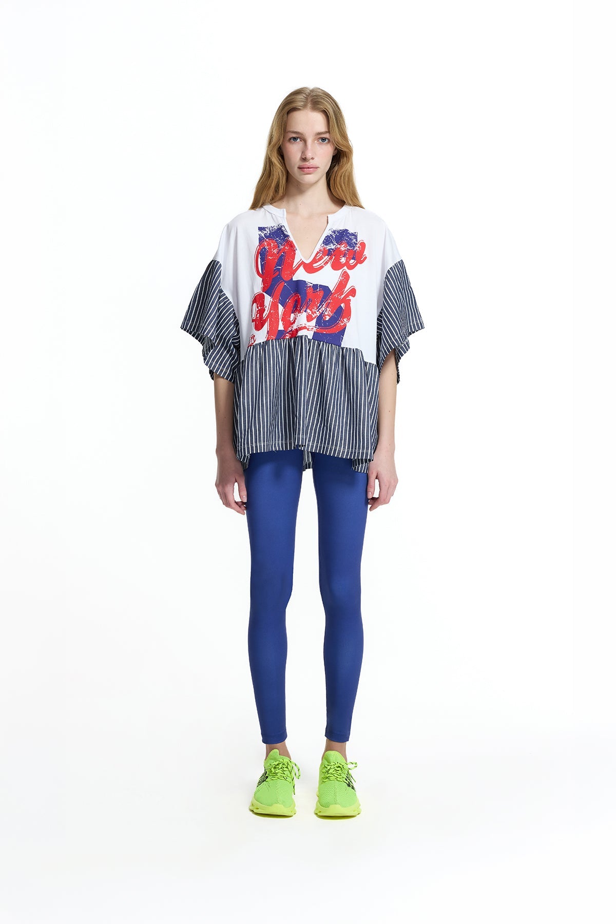 White Light Blue Text Print Stripe Detail Flounce T-shirt 19021