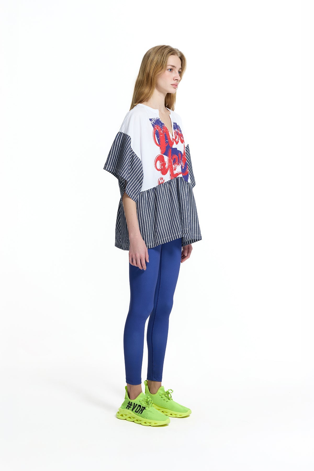 White Light Blue Text Print Stripe Detail Flounce T-shirt 19021
