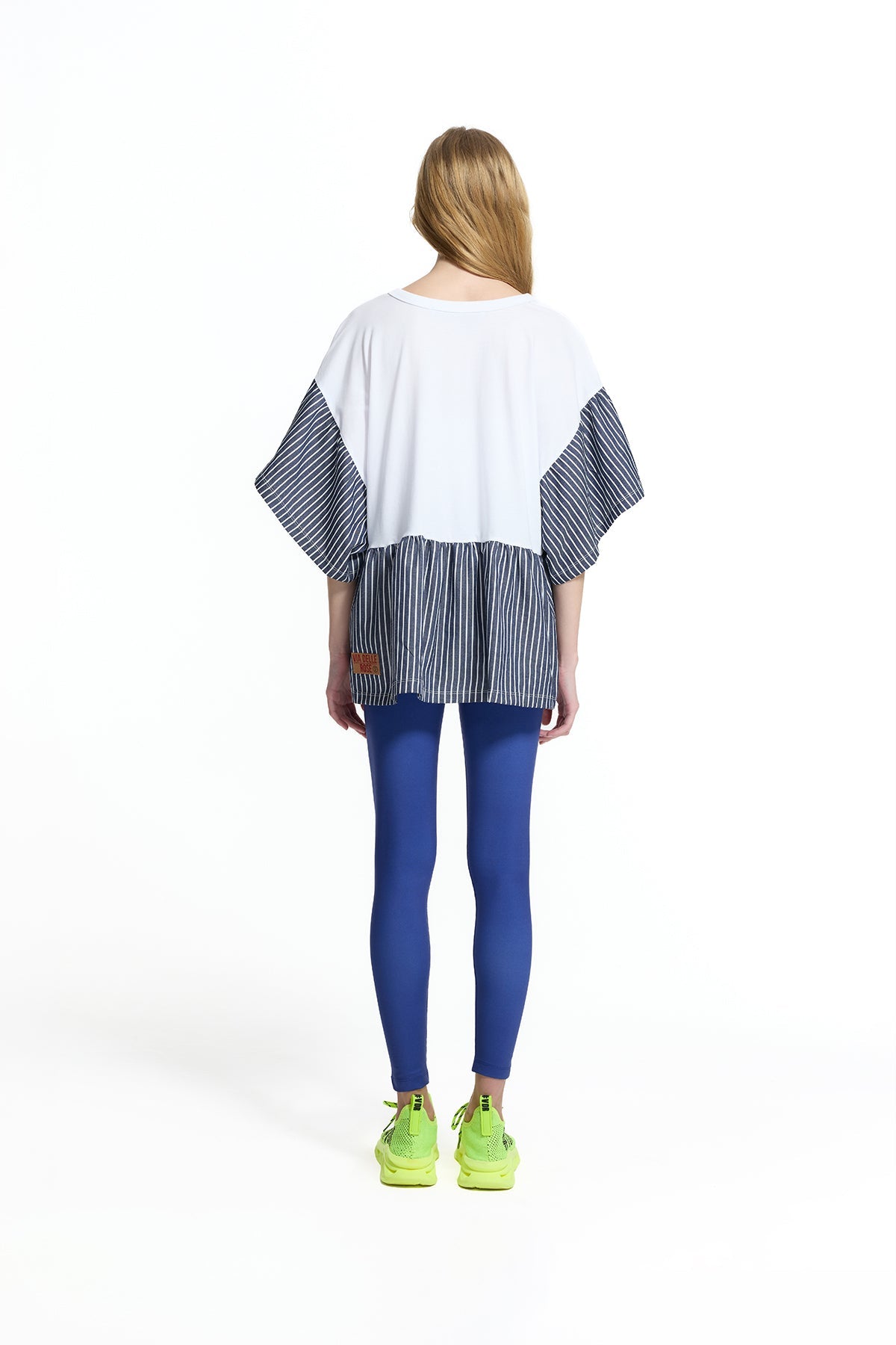 White Light Blue Text Print Stripe Detail Flounce T-shirt 19021