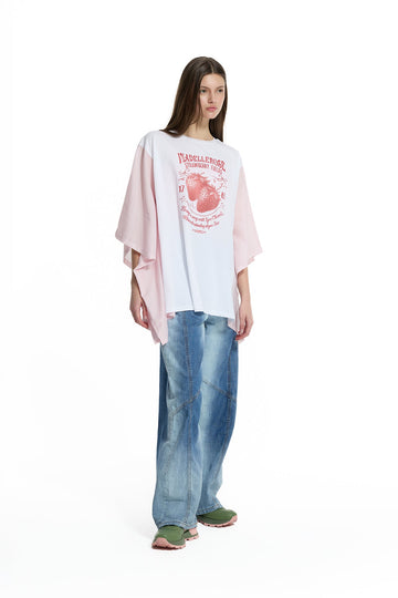 White Pink Front Printed Wide Fit Batwing Sleeve T-shirt T-shirt 19022