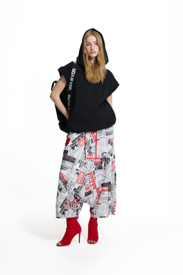 White Black Newspaper Print Double Elastic Waist Drawstring Harem Trousers 19032