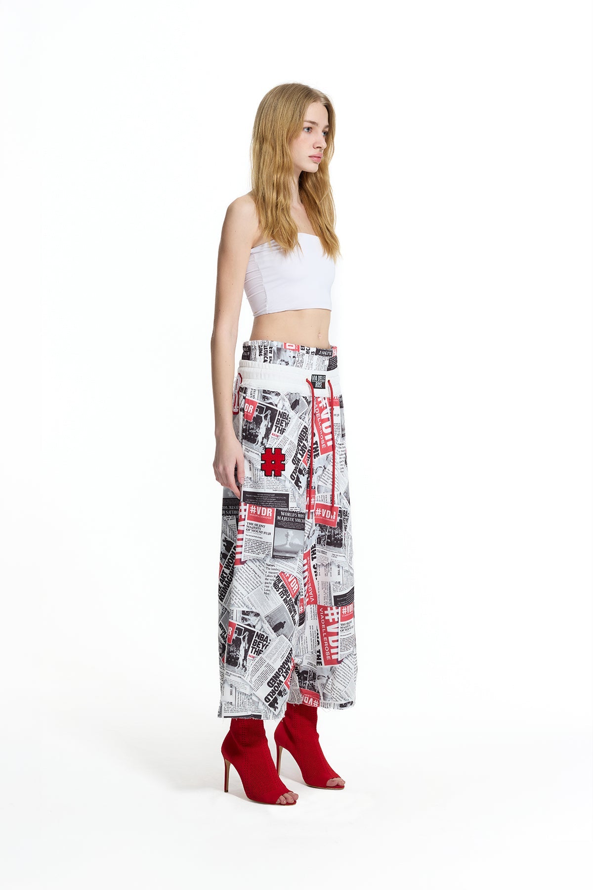 White Black Newspaper Print Double Elastic Waist Drawstring Harem Trousers 19032